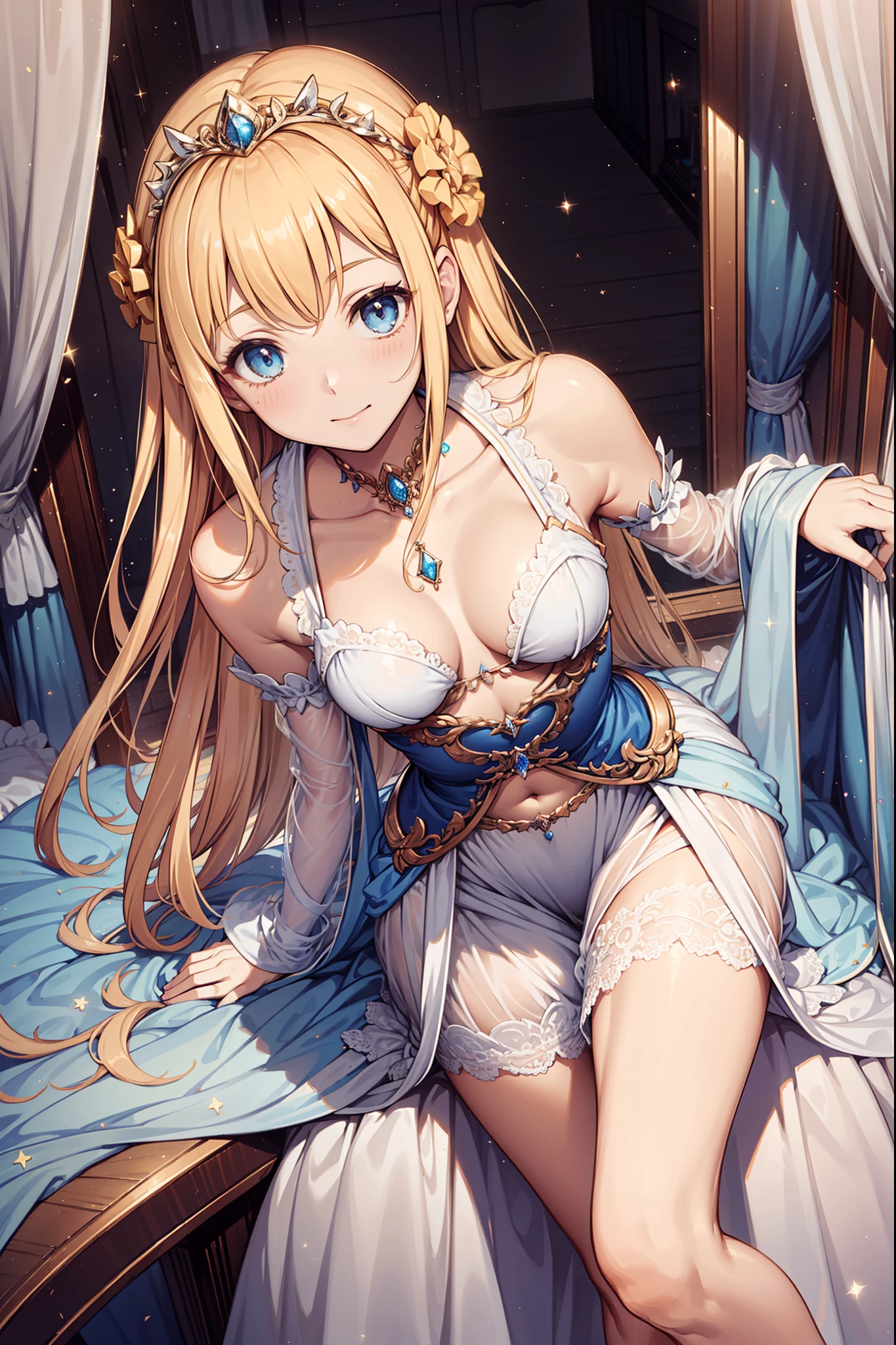 teens girl，Enchanted，divino，Being in love，Seductive pose，(Yellow and white princess dress:1.2)，blond hairbl，eBlue eyes，Maximalism，Multiple layers of delicate ruffles，Lots of lace，delicate accessories，Delicate pattern，(exquisite costumes:1.1)，Princess Crown，see-through transparent clothes，A small amount of blue gemstones，A small amount of lilac cloth，Beautiful detailed face，Bedroom scene in Western mythology，Movie lighting，the night，solo person，(Flowing skirt:1.1)，metal decoration，Lace,(Shine:1.2), (Best quality), (Masterpiece:1.2),