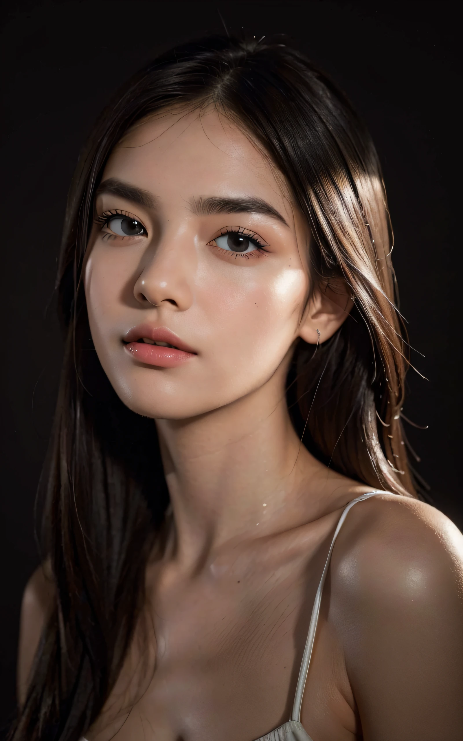 ((((8K, Photography, RAW photo, hyperrealism, masterpiece, best quality, ultra highres)))), (pin light, back light, backlighting, cinematic light), sharp focus:1. 4, (hyper detail, finely detailed), face close-up, close-up, 1girl, Egg-shaped face with cat-like eyes, small and plump lips, straight and cute nose, slightly blushing cheekbones, thick eyebrows and long and pretty eyelashes.