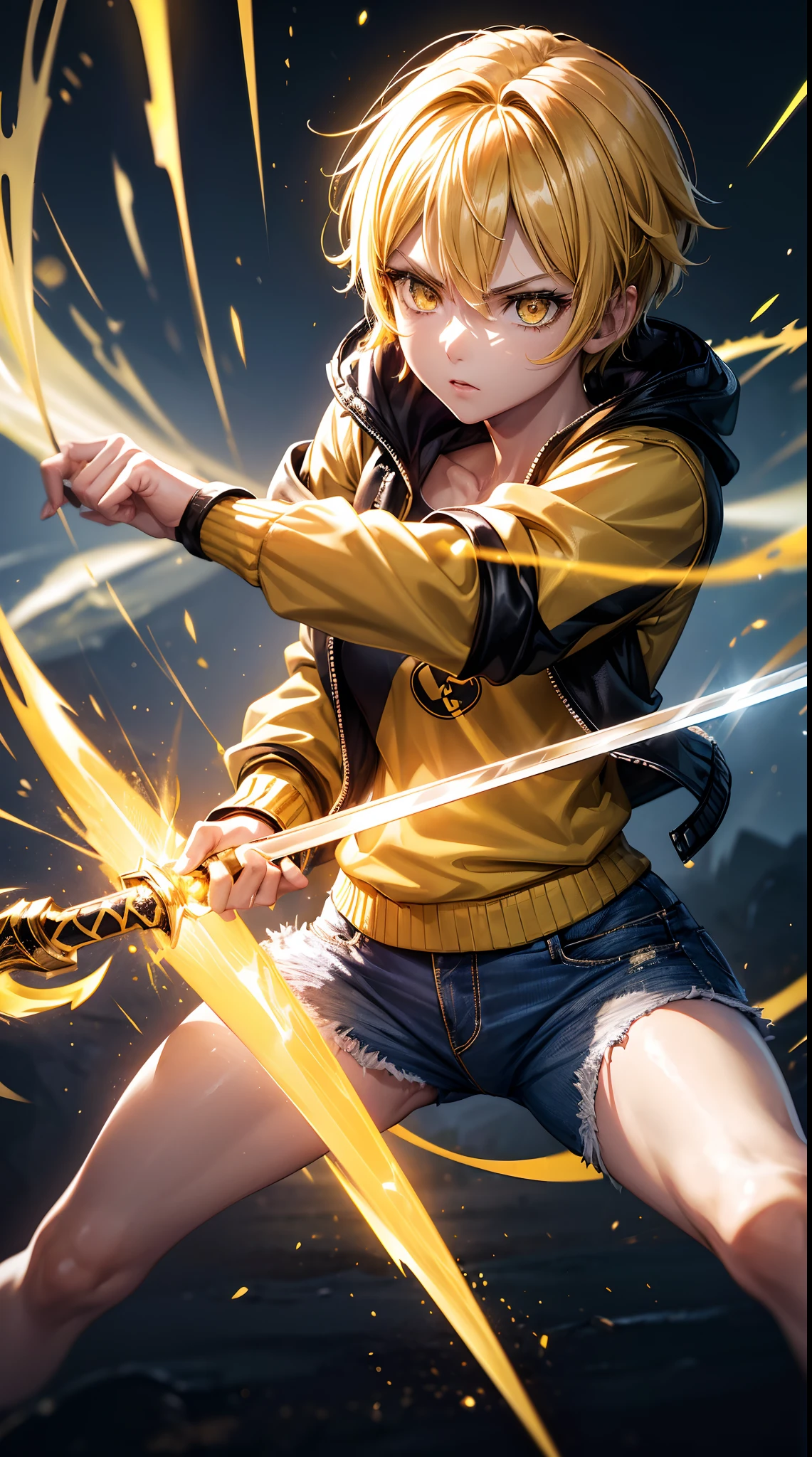 Woman, fight pose, Baddas stare,Hold a yellow sword with a yellow lightning emblem,  yellow short wispy Pixie hair, yellow eyes, yellow short shirt, black hotpants jeans, black Jacket sweater ,In the middle of the shirt there is an omega symbol,HD lighting and dark )<=(epic image quality)dark atmosphere with bright particle light(many effects in background)