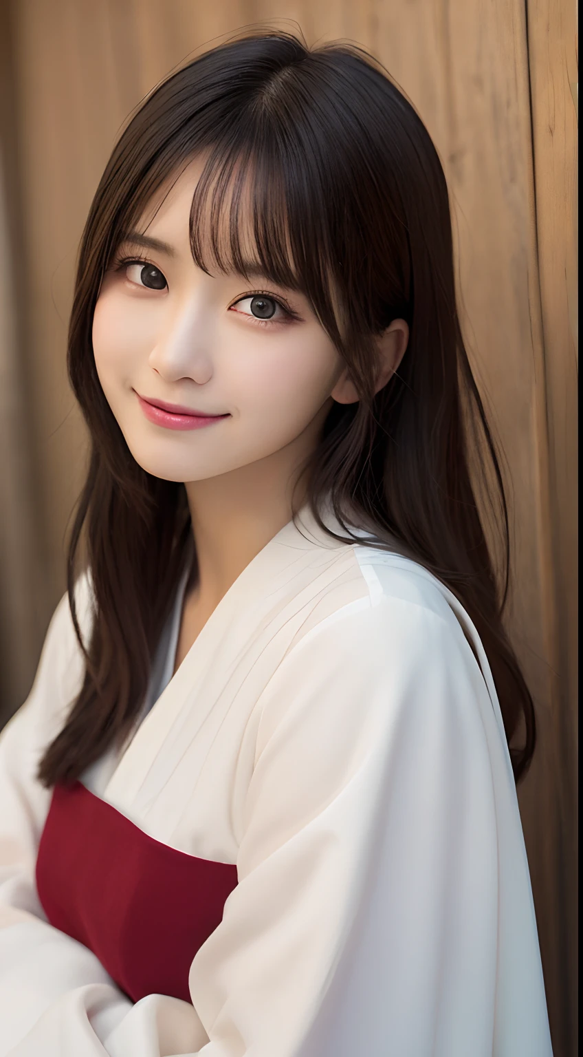 masutepiece, Best Quality, Illustration, Ultra-detailed, finely detail, hight resolution, 8K Wallpaper, Perfect dynamic composition, Beautiful detailed eyes,Miko Hair, small tits, Natural Color Lip, Random and cute poses,Smile,Ise Jingu,Priestess costume,Perfect and beautiful face,Slender body,Slender face