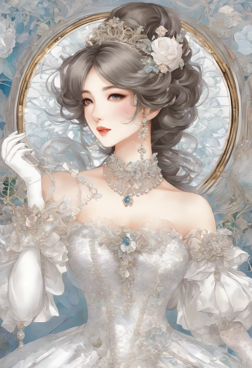 A stunningly beautiful blonde fairytale Princess shining with Royal Pomp and Regal Splendor, wearing a Stately and (((Elaborate))) Royal Cinderella Wedding Dress of Silver and White Brocade, with (((enormous puffed sleeves))) a stiffly boned, padded and corseted bodice, an hourglass waist, a (((huge crinoline hoopskirt))) and (((bustle))), adorned with ribbons, bows, roses, lace, ruffles, frills, embroidery, and jewels, elaborately curled and styled hair, long white gloves, pearl and diamond necklace and earrings