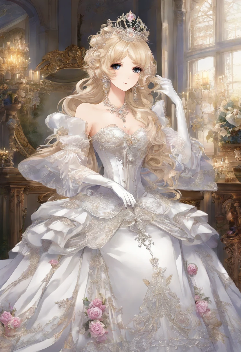 A stunningly beautiful blonde fairytale Princess shining with Royal Pomp and Regal Splendor, wearing a Stately and (((Elaborate))) Royal Cinderella Wedding Dress of Silver and White Brocade, with (((enormous puffed sleeves))) a stiffly boned, padded and corseted bodice, an hourglass waist, a (((huge crinoline hoopskirt))) and (((bustle))), adorned with ribbons, bows, roses, lace, ruffles, frills, embroidery, and jewels, elaborately curled and styled hair, long white gloves, pearl and diamond necklace and earrings