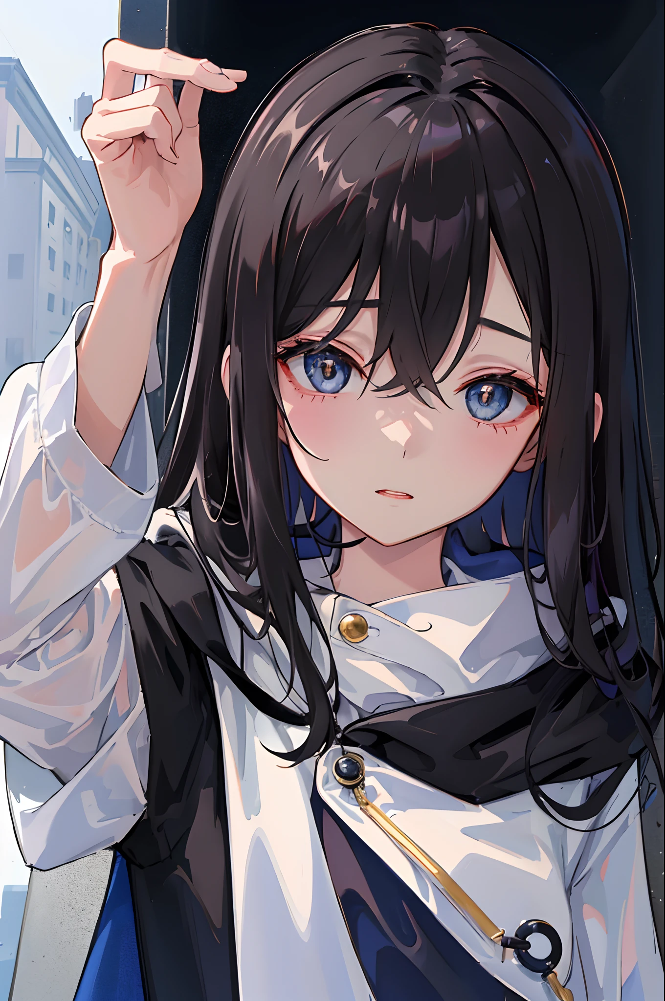 (masuter piece、side lights、ultra-detailliert、inely detailed beautiful eyes: 1.2)、1girl in、bags、buliding、From Side、hoods、Hood down、hooded jacket、parka、jaket、long、Black hair、profile、A dark-haired、独奏、Train、inside of a car、The upper part of the body、masterpiece、top-quality、the morning sun、optic、
