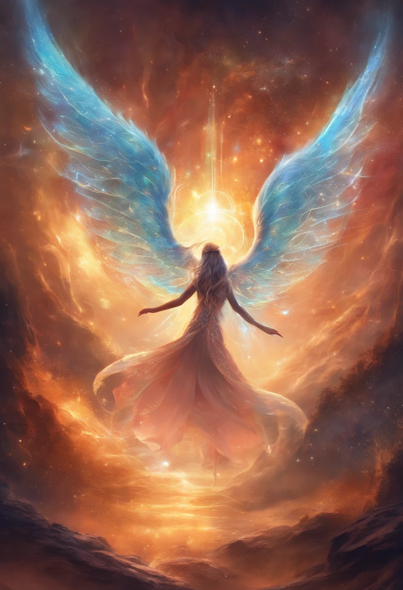 cosmic fallen angel, olhos claros brilhantes, Biomechanicals, estranho, assustador, Pesadelo, cores muito brilhantes, light particles, com luz brilhante, Mshiff, Arte do papel de parede, Papel de parede UHD