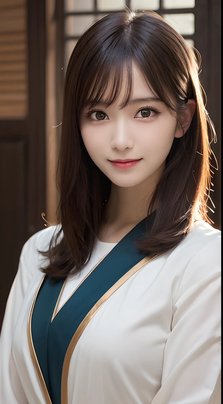 masutepiece, Best Quality, Illustration, Ultra-detailed, finely detail, hight resolution, 8K Wallpaper, Perfect dynamic composition, Beautiful detailed eyes,Miko Hair, small tits, Natural Color Lip, Random and cute poses,Smile,Ise Jingu,Priestess costume,Perfect and beautiful face,Slender body,Slender face