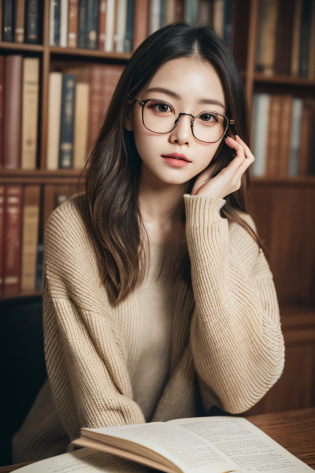 (in 8K、Raw photography、top-quality、masterpiece:1.2)、Beauty with glasses、25-years old、1人の女性、A detailed face、A detailed eye、Detailed mouth、book library、sitting in the chair、Reading a book
