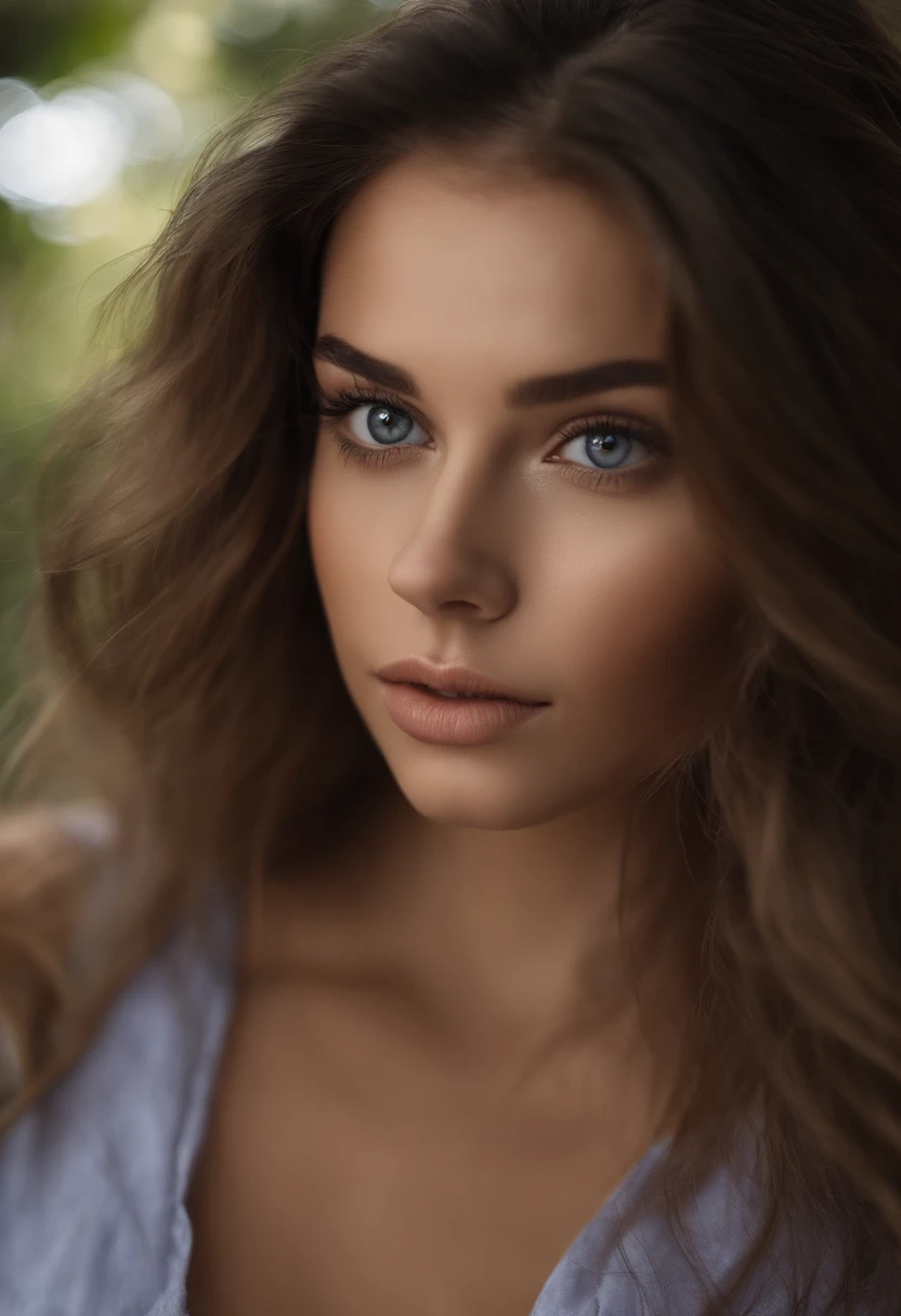 Arafed woman completely , fille sexy aux yeux bruns, ultra realist, Meticulously detailed, Portrait Sophie Mudd, cheveux bruns et grands yeux, Selfie of a young woman with a background in nature, Yeux de chambre, Violet Myers, sans maquillage, maquillage naturel, looking straight at camera, Visage avec Artgram, Maquillage subtil, Great casual full-body photo on the bed, dans la chambre, Medium to large bust
