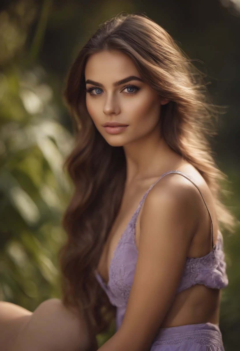 Arafed woman completely , fille sexy aux yeux bruns, ultra realist, Meticulously detailed, Portrait Sophie Mudd, cheveux bruns et grands yeux, Selfie of a young woman with a background in nature, Yeux de chambre, Violet Myers, sans maquillage, maquillage naturel, looking straight at camera, Visage avec Artgram, Maquillage subtil, Great casual full-body photo on the bed, dans la chambre, Medium to large bust