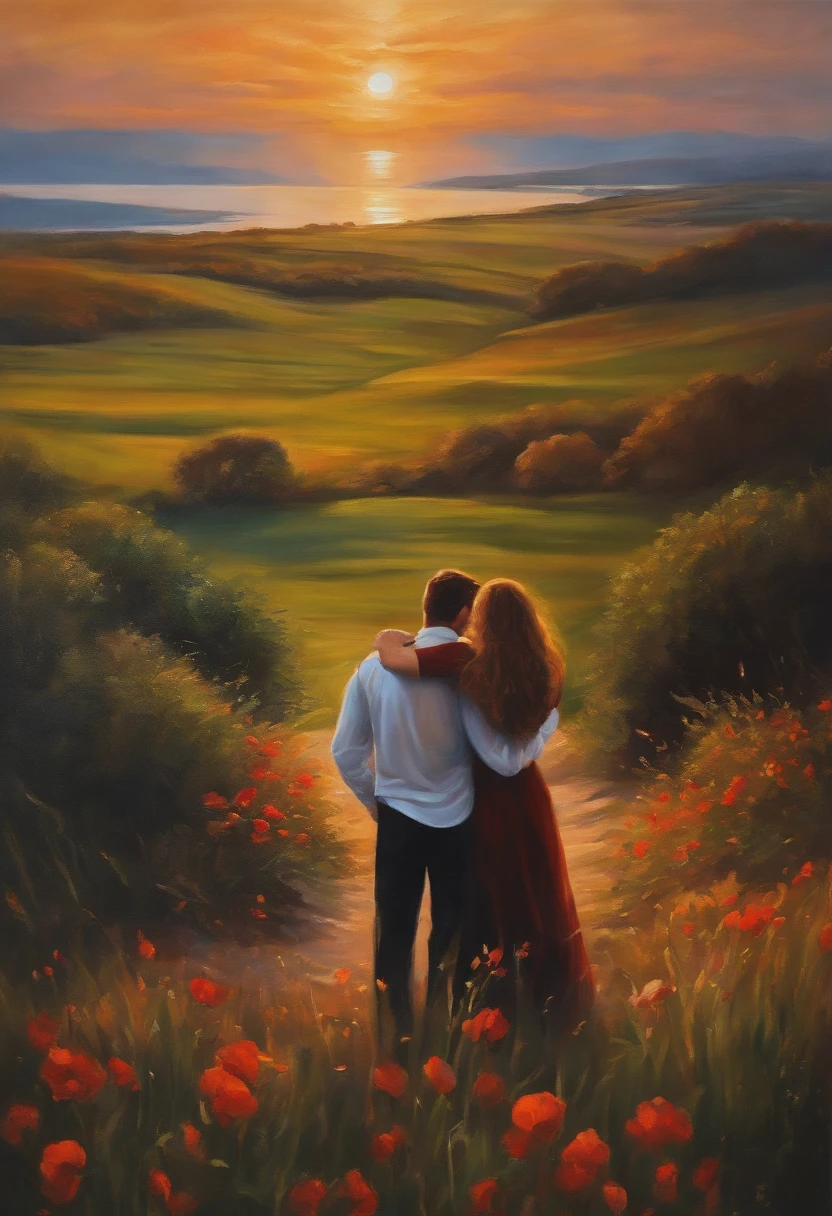Man and woman embraced looking at the horizon oil painting style