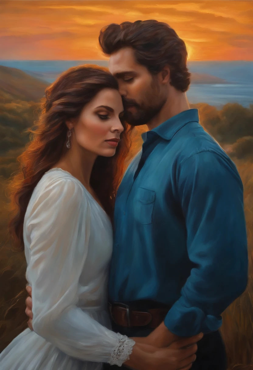 Man and woman embraced looking at the horizon oil painting style