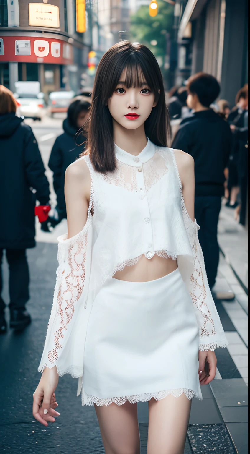 NSFW, NSFW:1.2, NSFW, (unparalleled masterpiece ever、top-quality))、Raw photography、top-quality、Full body portrait:2.0、medium distance shot、White lace dress、All clothes are thin lace fabric、A mini dress that is perfect for the body、(Composition from the knee up:1.2)、No underwear、see-through onepiece、32K、ultra res、fully body photo:2.0, is standing:2.0、Best Quality, Raw photo, skinny body、Photorealsitic, Full body portrait:2.0、rialistic photo、(small tits:1.2), (skinny body:1.8), street corner、Crowds, Ginza、fully body photo, Looking at the camera、a beauty girl, Cute, length hair, depth of fields, High resolution, Ultra Detail, Fine detail, Highly detailed, Highly detailed eyes and face, Sharp pupils, Realistic pupils, Sharp Focus, softlighting