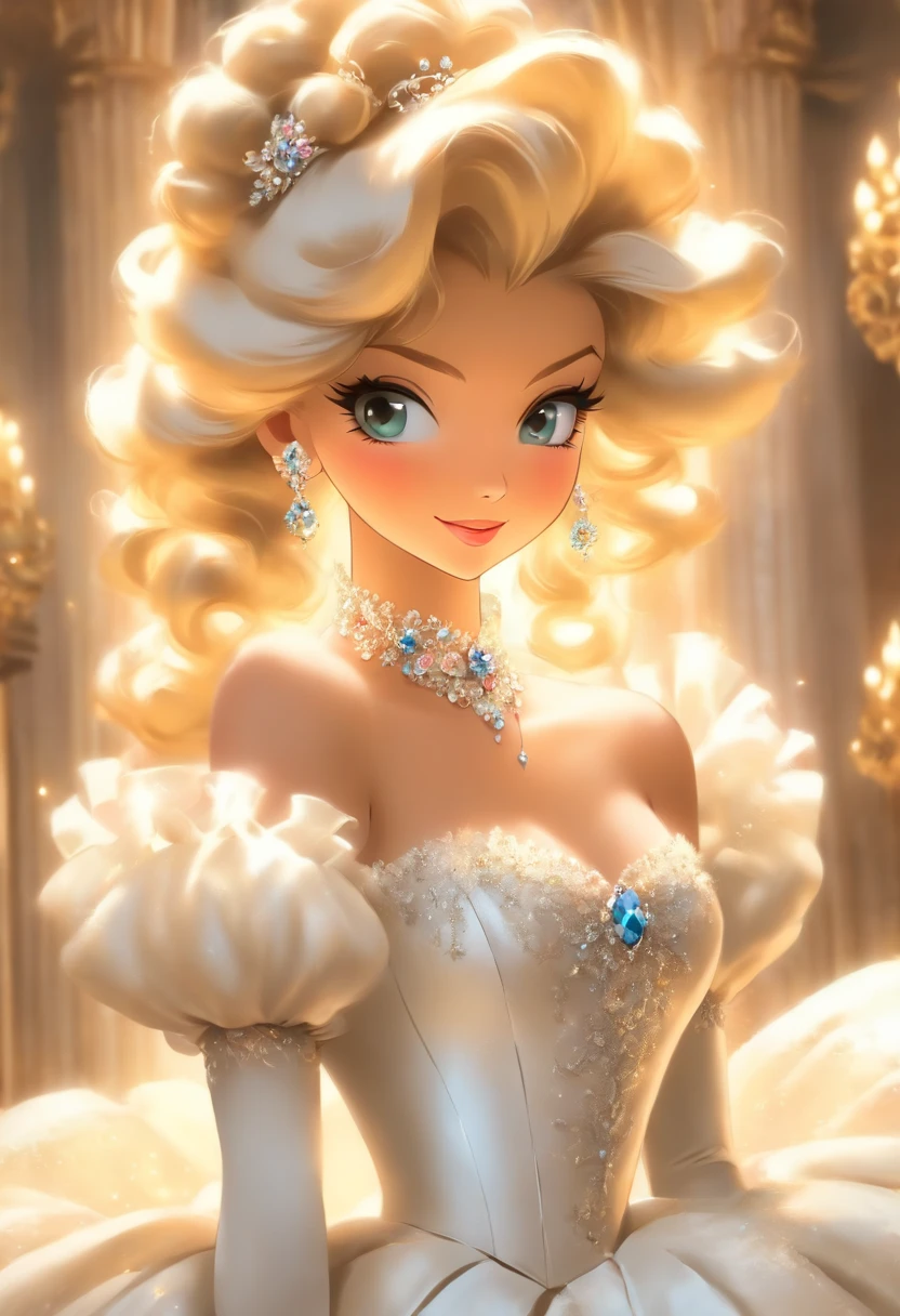(dramatic illumination, dynamic angle, intense color contrast), (a young woman with blonde curly hair and blue eyes, wearing a white knee-length couture dress, posing and smiling broadly, ready for her close-up), (in club)
