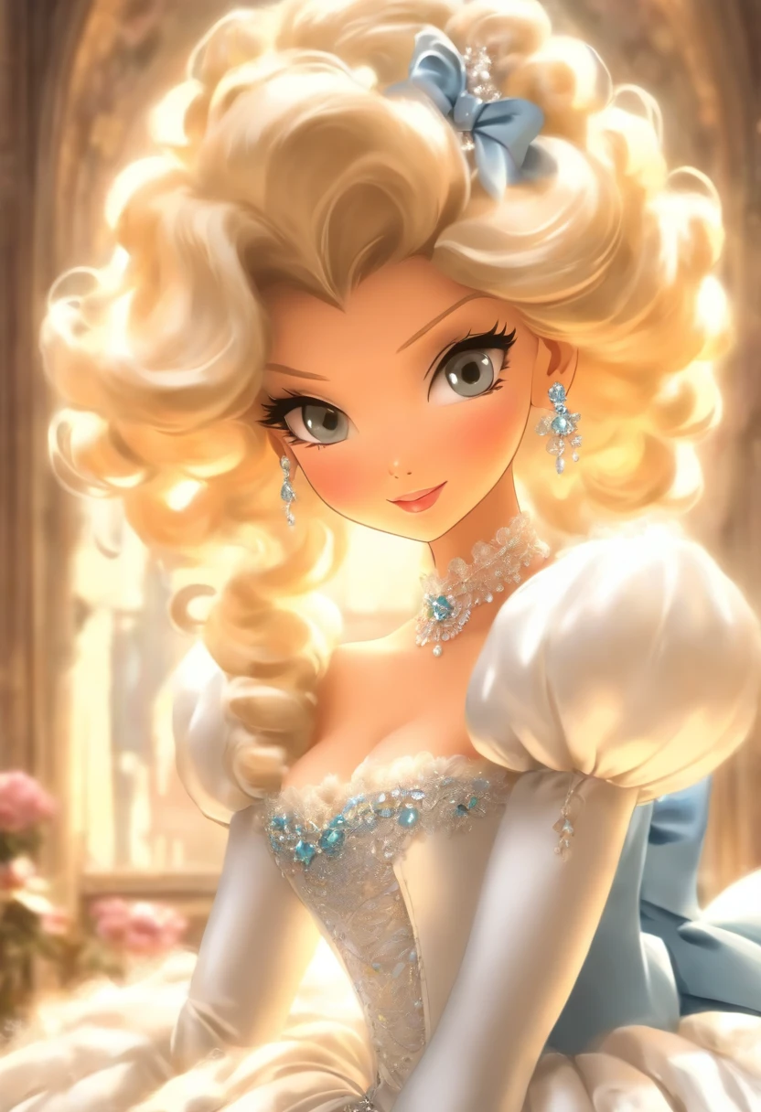 A stunningly beautiful blonde fairytale Princess shining with Royal Pomp and Regal Splendor, wearing a Stately and (((Elaborate))) Royal Cinderella Wedding Dress of Silver and White Brocade, with (((enormous puffed sleeves))) a stiffly boned, padded and corseted bodice, an hourglass waist, a (((huge crinoline hoopskirt))) and (((bustle))), adorned with ribbons, bows, roses, lace, ruffles, frills, embroidery, and jewels, elaborately curled and styled hair, long white gloves, pearl and diamond necklace and earrings