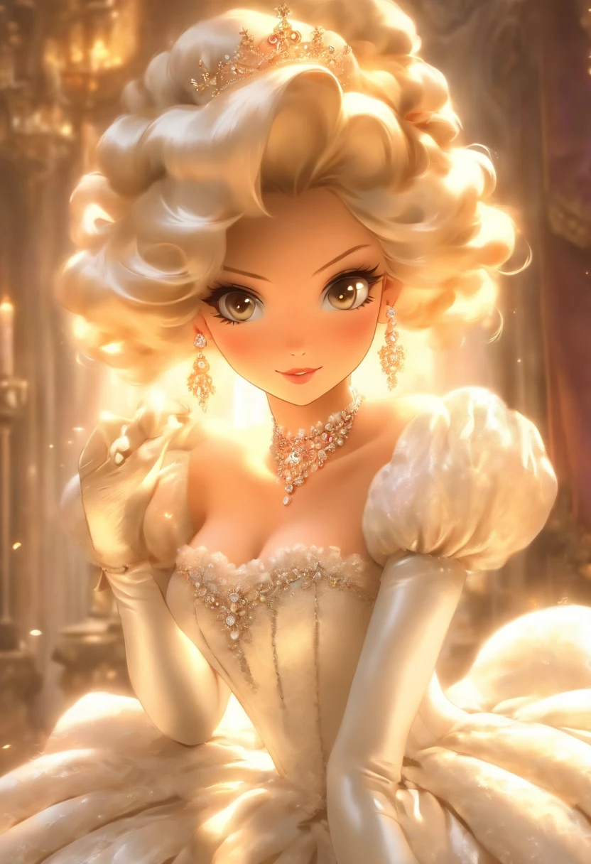 A stunningly beautiful blonde fairytale Princess shining with Royal Pomp and Regal Splendor, wearing a Stately and (((Elaborate))) Royal Cinderella Wedding Dress of Silver and White Brocade, with (((enormous puffed sleeves))) a stiffly boned, padded and corseted bodice, an hourglass waist, a (((huge crinoline hoopskirt))) and (((bustle))), adorned with ribbons, bows, roses, lace, ruffles, frills, embroidery, and jewels, elaborately curled and styled hair, long white gloves, pearl and diamond necklace and earrings