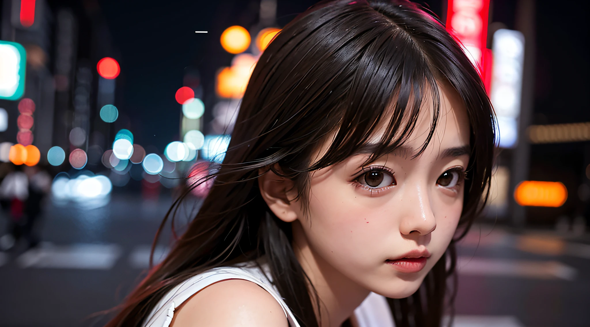 1girl, Tokyo street,night, cityscape,city lights, upper body,close-up, 8k, RAW photo, best quality, masterpiece,realistic, photo-realistic,