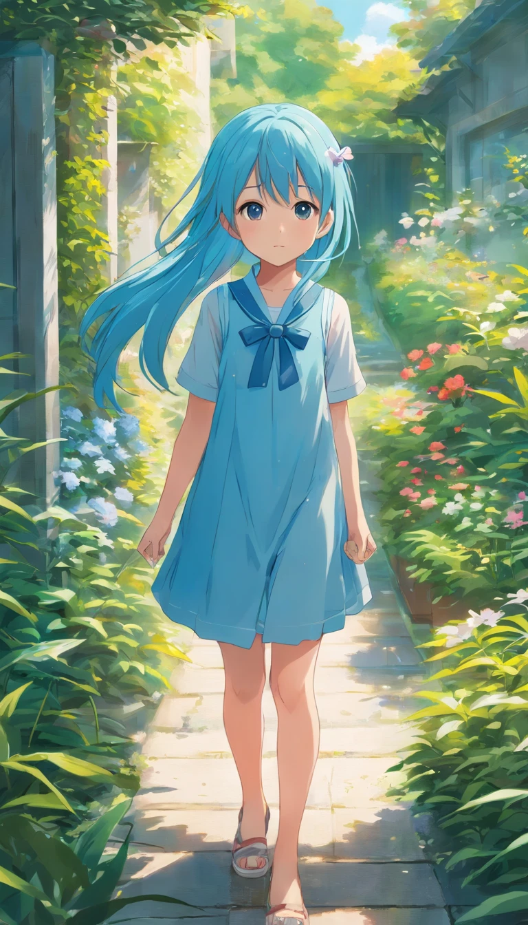 6 year old girl standing in the garden, Light blue long hair、Twin-tailed、hightquality, clear focus (mess - house: 0.8), (​masterpiece: 1.2) (realist: 1.2) (Bokeh) (top-quality) (detailedskin: 1.3) (intricate detailes) (8K) (Eye Detail) (foco nítido), (scared) (Various poses) drawing