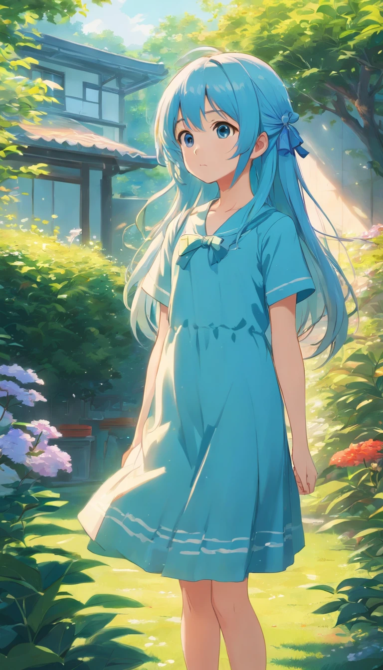 6 year old girl standing in the garden, Light blue long hair、Twin-tailed、hightquality, clear focus (mess - house: 0.8), (​masterpiece: 1.2) (realist: 1.2) (Bokeh) (top-quality) (detailedskin: 1.3) (intricate detailes) (8K) (Eye Detail) (foco nítido), (scared) (Various poses) drawing