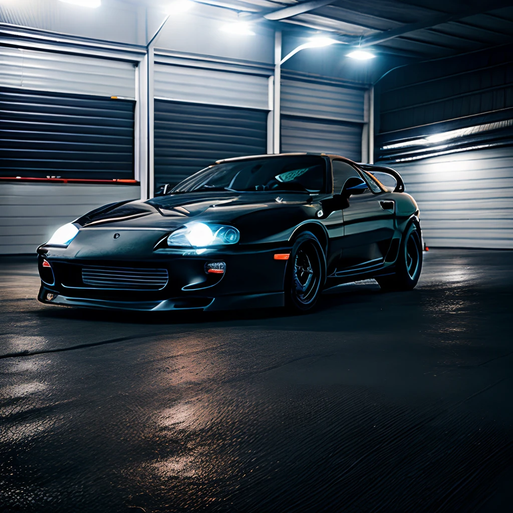 Side view of black mk4Supra inside a foggy garage, high quality photograph, lens flare, bokeh, 8k resolution, Gobo Lights, Warm ambient light, volumetric light, neon lights, Depth of Field, analog, The atmosphere is foggy, lens flares, Bloom, portra movie 800,