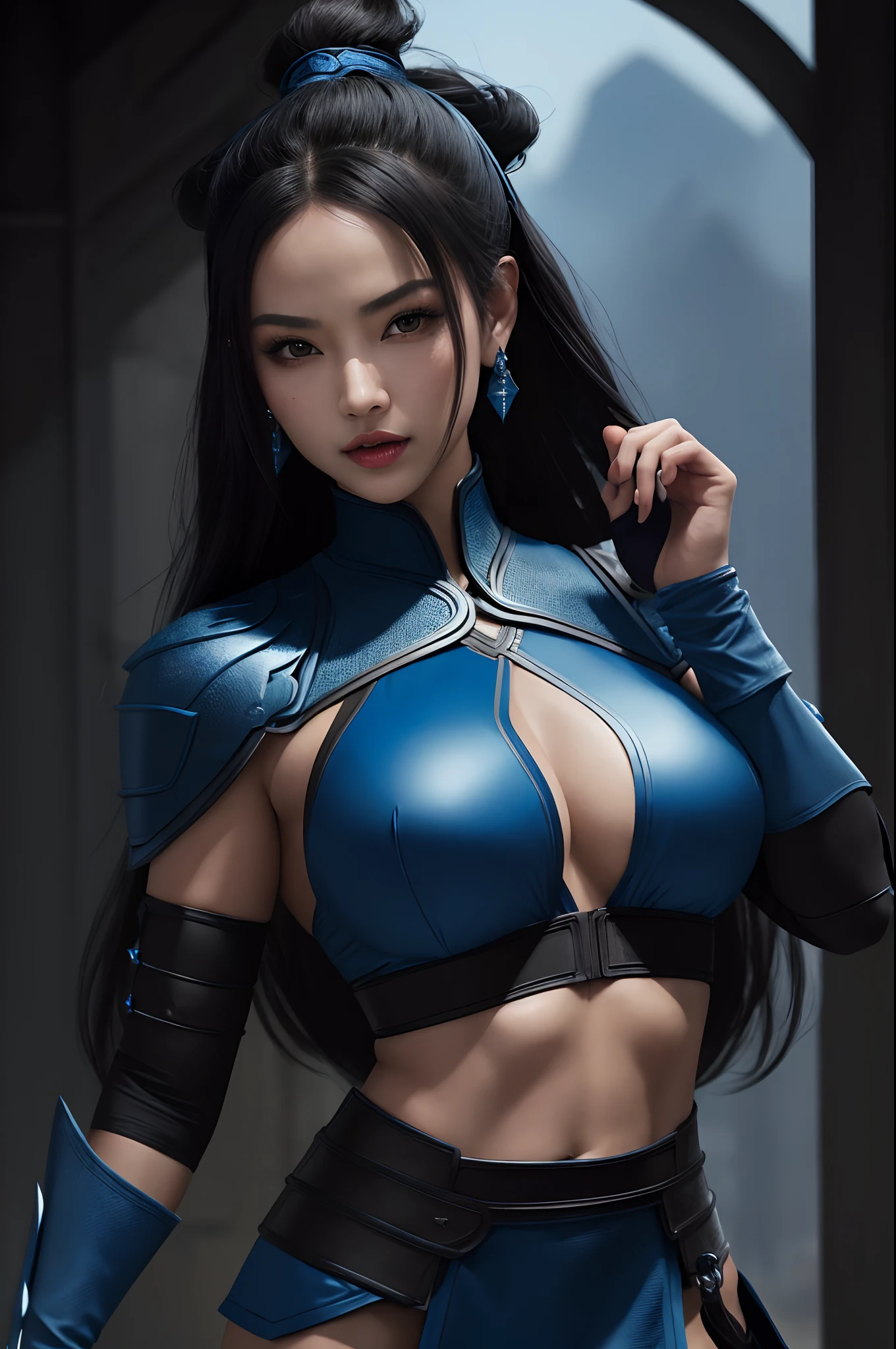 (masterpiece, top quality, best quality, official art, beautiful and aesthetic:1.2), (1girl:1.3), (fractal art:1.3), solo, Kitana from mortal kombat, Mortal Kombat video game,
black headband, long hair, huge breasts, beautiful faces, face mask, asian lady, blue ninja uniform for lady, black gloves, black hair,blue long socks, long blue footwear, steel fans in her hands,
large breasts,sexy ninja blue uniform , earrings, midriff, navel,toned,
looking at viewer, upper body, fighting stance, in of her background Mortal kombat logo