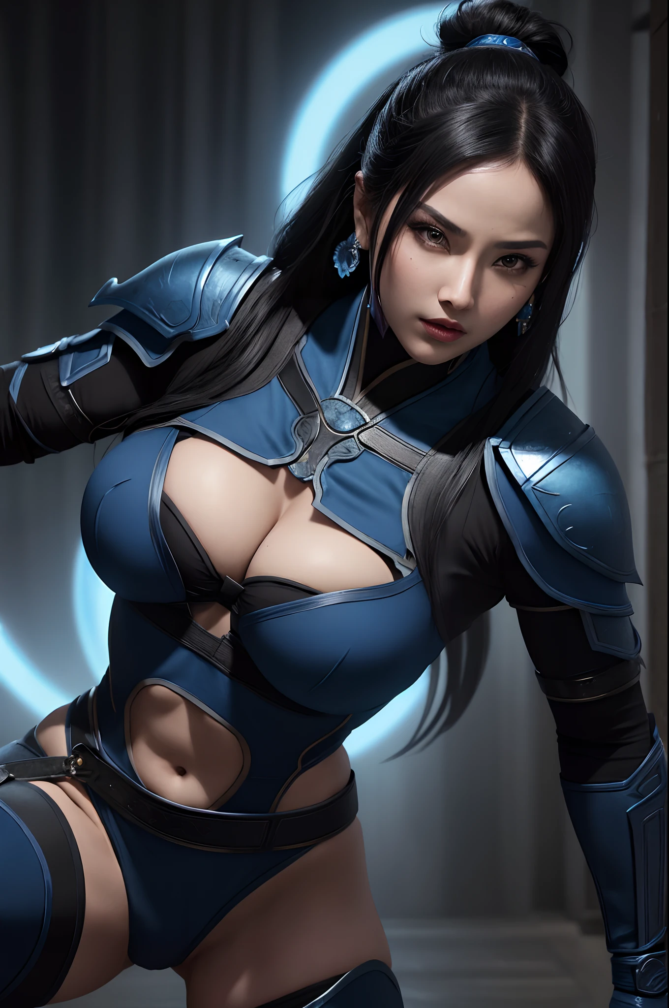 (masterpiece, top quality, best quality, official art, beautiful and aesthetic:1.2), (1girl:1.3), (fractal art:1.3), solo, Kitana from mortal kombat, Mortal Kombat video game, 
black headband, long hair, huge breasts, beautiful faces, face mask, asian lady, blue ninja uniform for lady, black gloves, black hair,blue long socks, long blue footwear, steel fans in her hands, 
large breasts,sexy ninja blue uniform , earrings,  midriff, navel,toned,
looking at viewer, upper body, fighting stance, in of her background Mortal kombat logo