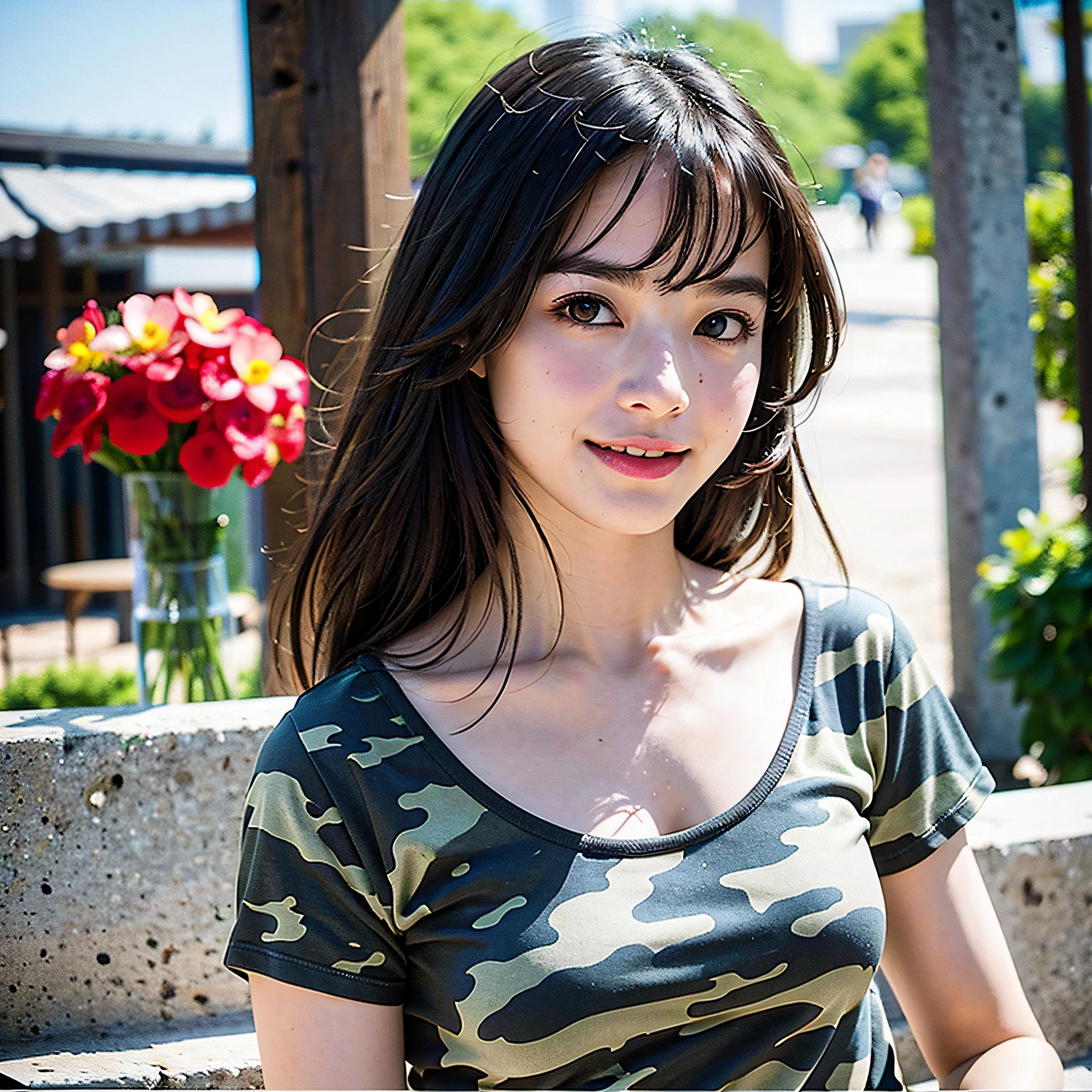 best quality, detailed, beautiful, insanely detailed, absurdres,
Japanese woman,black hair,27 years old,
(slender),
(small breasts best quality),motorcycle, blissful, smiling, riding motorcycle, front view, wavy hair, camouflage bikini, piercing, japanese, on the road, full body shot, front view, low angle shot