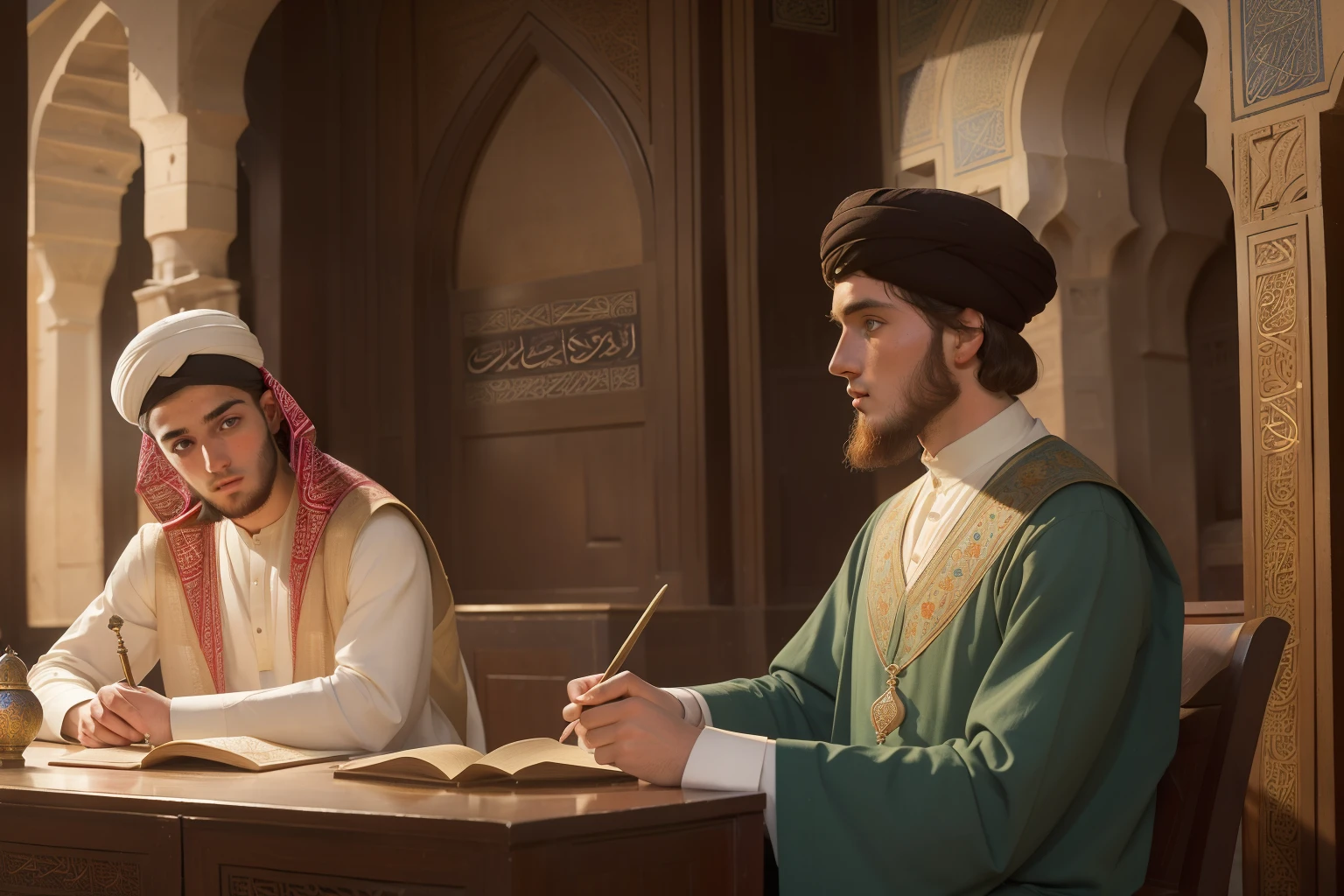 Year: 11th century. Location: Isfahan. Pre-raphaelite scene with a 21-year-old english man, assisting a university medicine class in an anfitheatre, ((look of wonder)) (confusion), ((((11th century plain qamis and durra)))) ((11th century hairstyle)), (((cinematic style)))