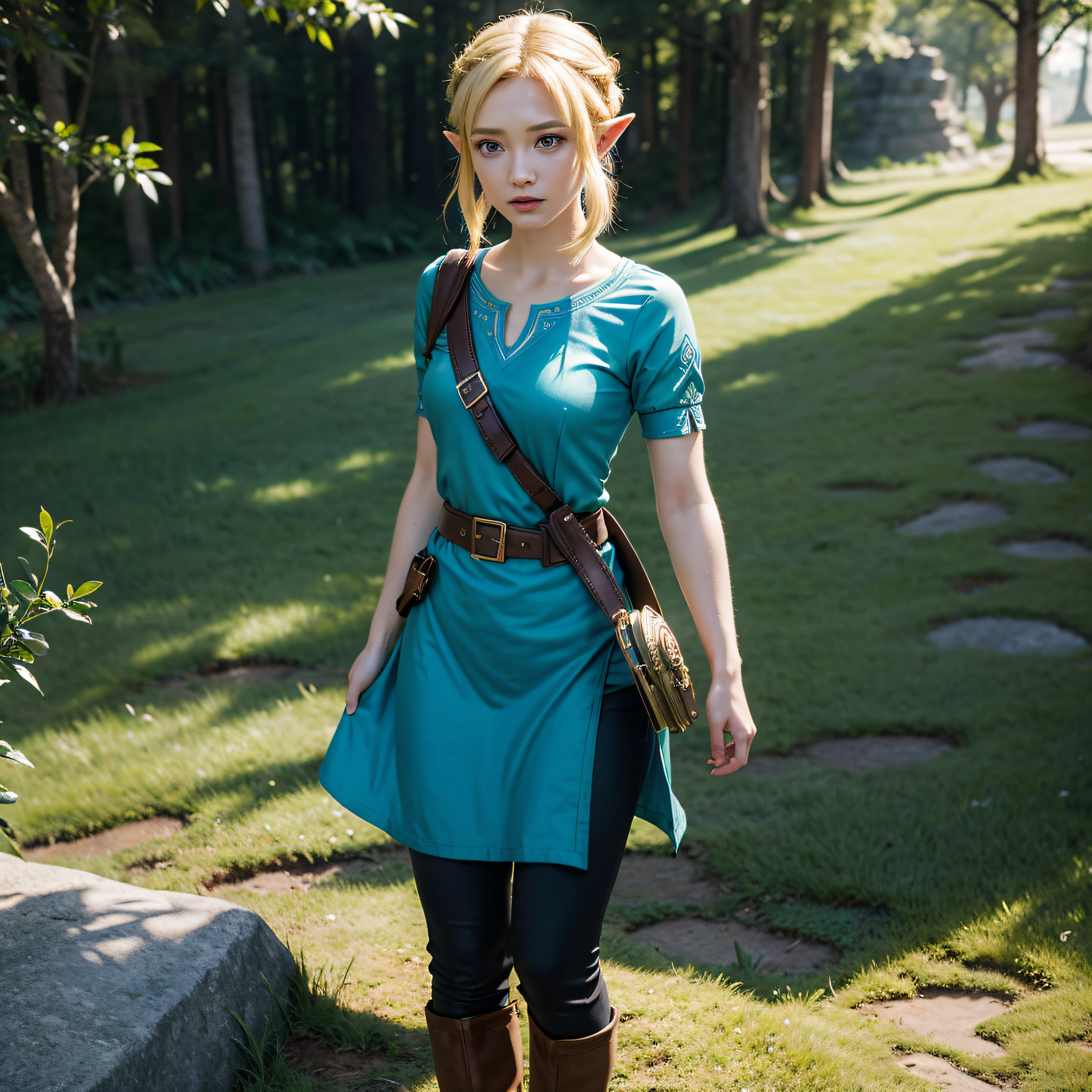 princess zelda, 1girl, artist request, belt, blonde hair, blue shirt, book, boots, expressionless, full body, green eyes, highres, looking at viewer, magic, nintendo, pants, pointy ears, shirt, short hair, simple background, solo, the legend of zelda, the legend of zelda: breath of the wild, the legend of zelda: tears of the kingdom, flower made of light, magic