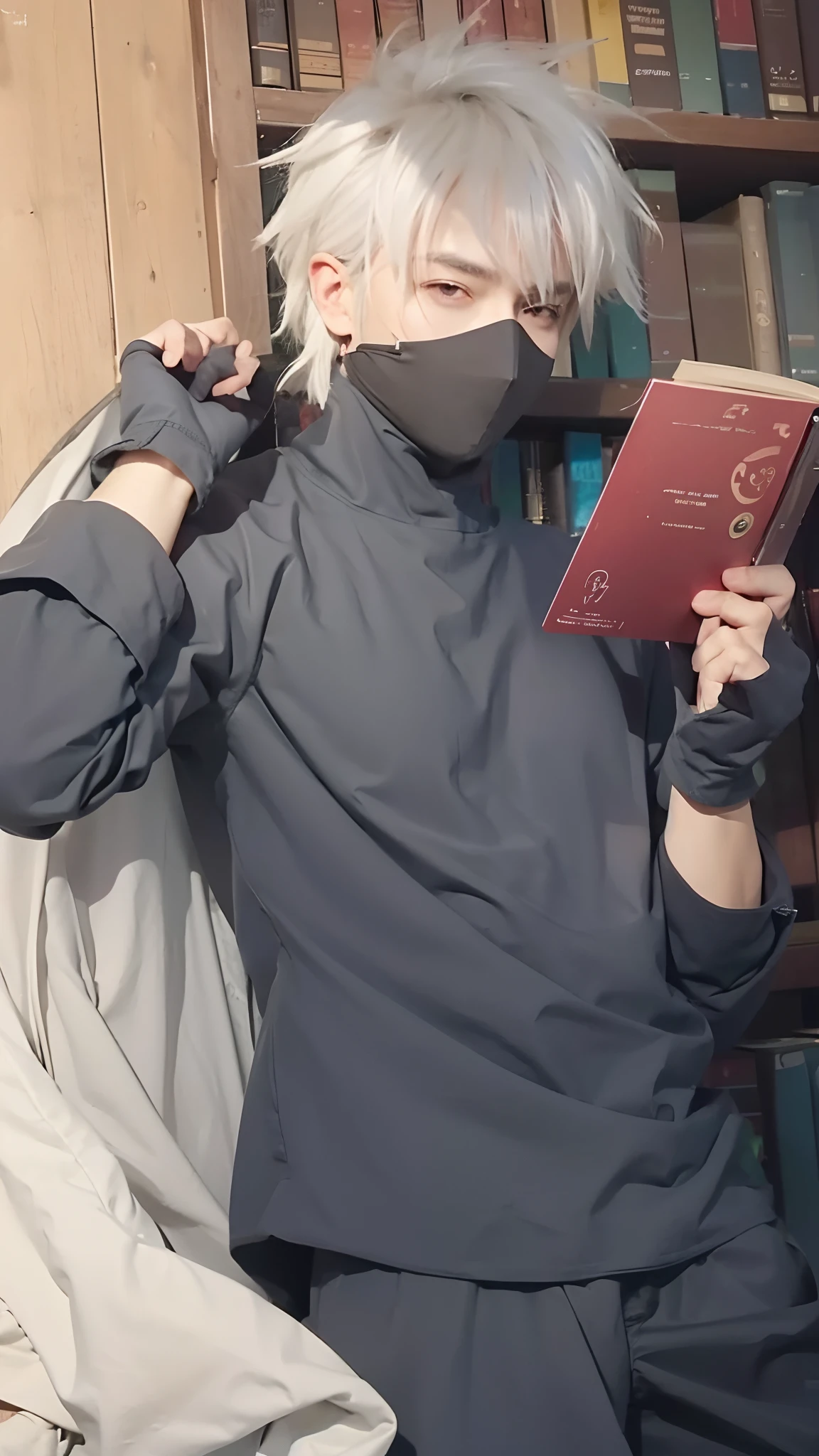 Real life adaption of this character, realistic spiky white hair, handsome man face,wear realistic mask, realistic outfit, hyper realistic, realistic light, realistic shadow, realistic background,(photorealistic:1.2)