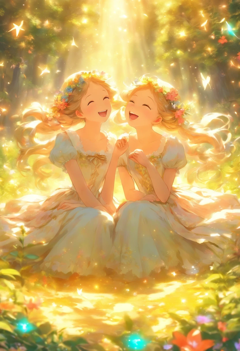 Anime Art Realistic Impressionist Classical Style Renaissance Tempera Two Maidens Without Hair Ornaments Lying Down in Different Mini Skirt Dresses and Talking to Each Other Ecstatic Smile With Magic Stardust Around、Petals fluttering Ultra High Resolution Spotlight Prism Light In the flower garden Bright morning forest