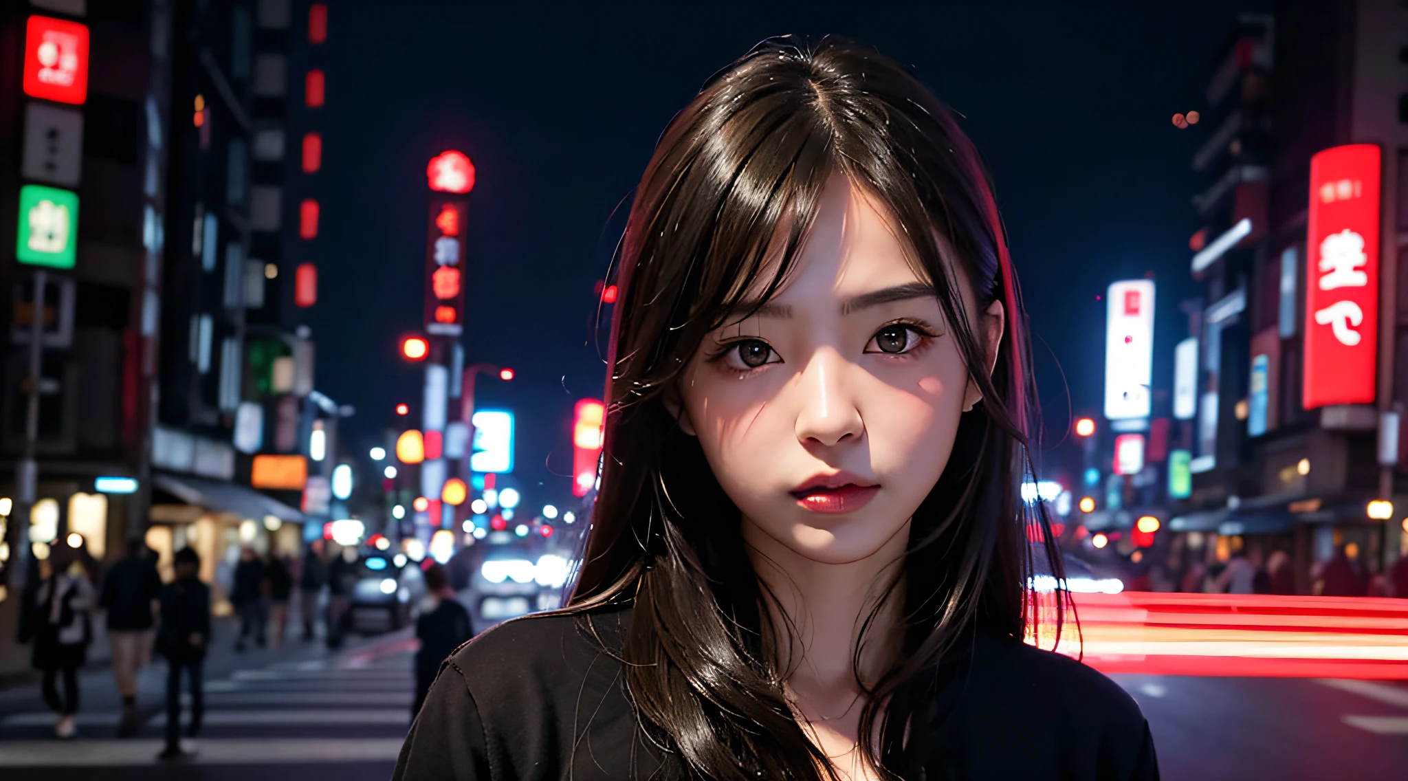 1girl, Tokyo street,night, cityscape,city lights, upper body,close-up, 8k, RAW photo, best quality, masterpiece,realistic, photo-realistic,