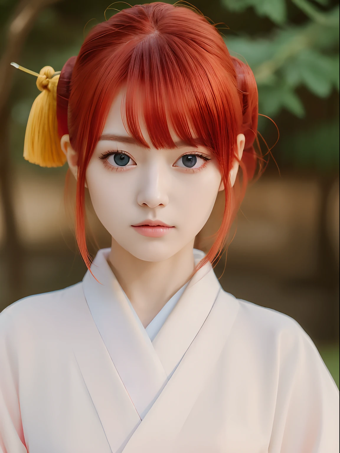 (Best Quality, masutepiece:1.2), 1 girl, Solo, red hair,Eyes with beautiful details,(white kimono),The upper part of the body, Chinese suit,Bangs,ear