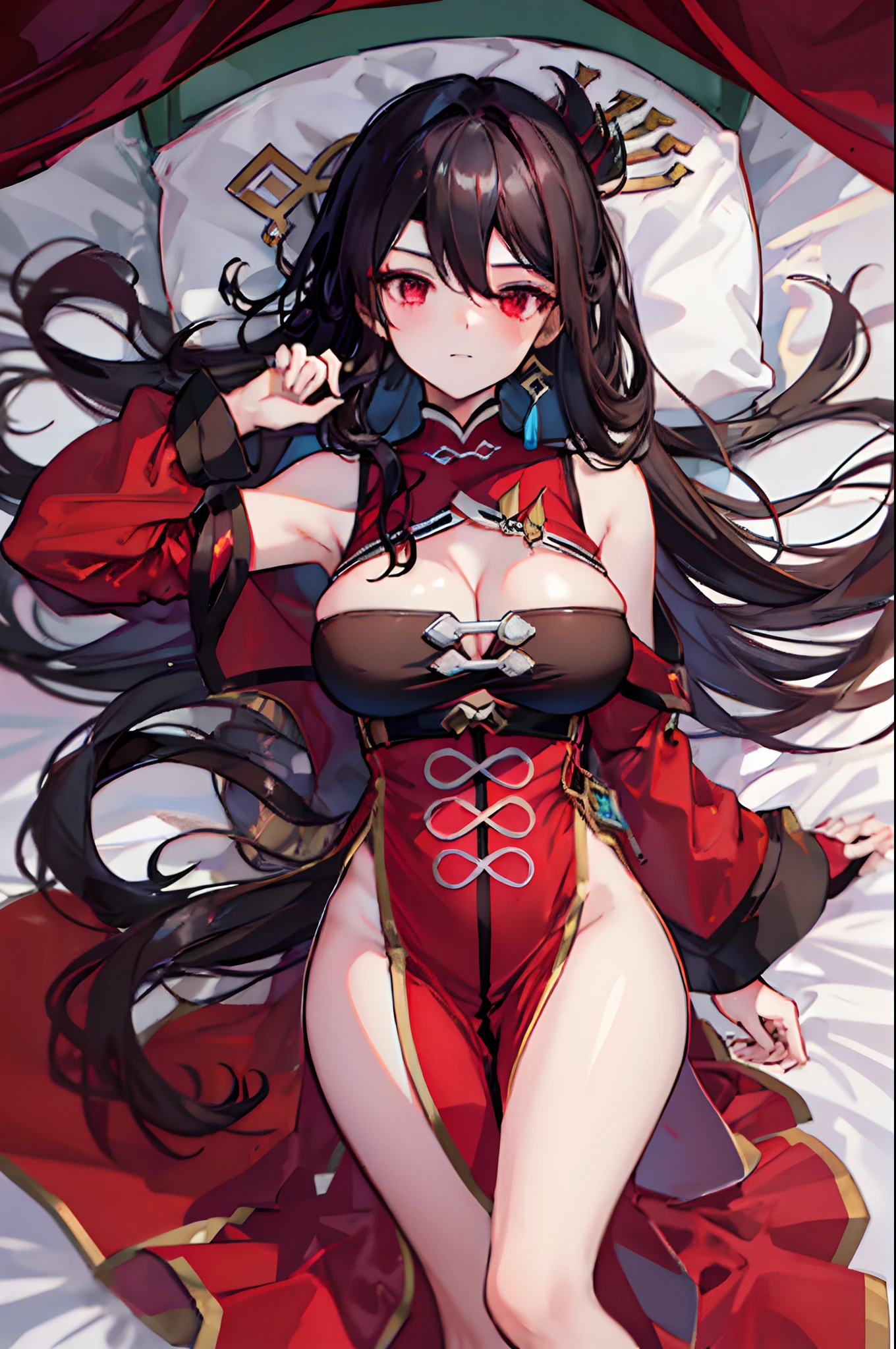 1girl, beidou, beautiful face, long black hair, hairpin, wearing red sleeveless dress, beautiful dress, red eye, lying on bed, lovely thighs, big tits, view from on top, high res, ultrasharp, 8k, masterpiece, looking at viewer, beautiful illustration, top quality