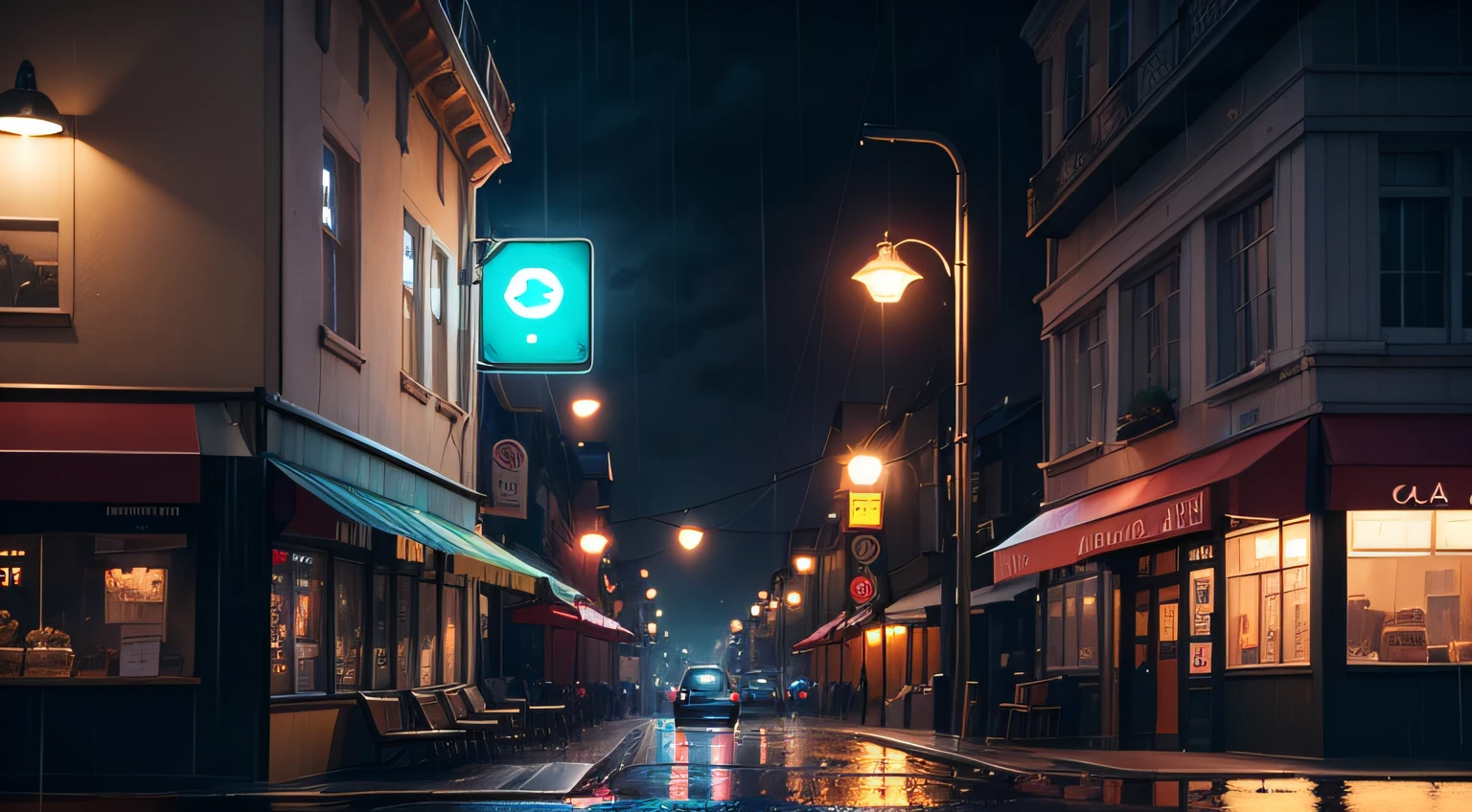 In a deserted night street, amidst a rainy backdrop, a prominent café stands out with its bright sign illuminating the quiet surroundings. Generate an image capturing the solitude of the street, the cozy ambiance of the café, and the shimmering effect of the rain-soaked scenery. cartoon style, 4k , cinematic, vibrant colors.