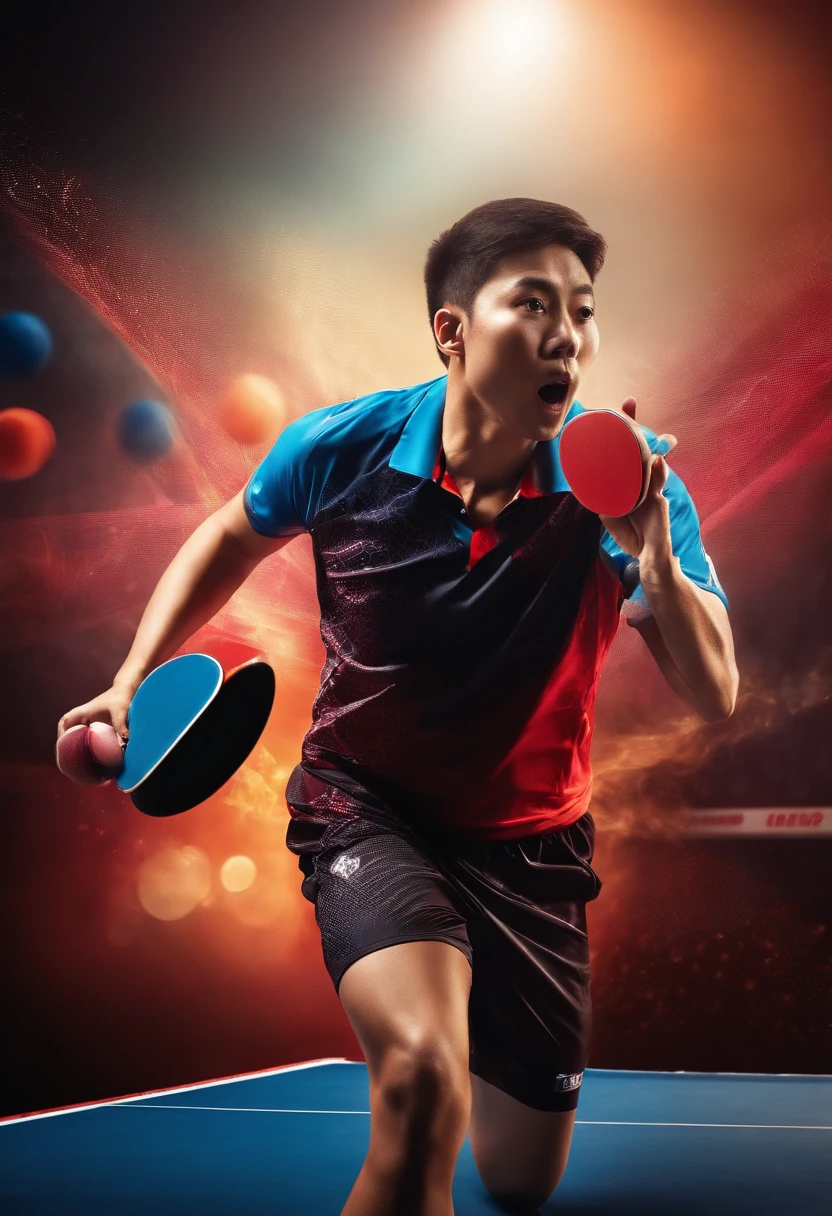 a dynamic image of a table tennis player in action, making an exceptional play with the DHS D40+ Balls. Use vibrant colors to convey energy and movement, while the text highlights "Unlock your potential!