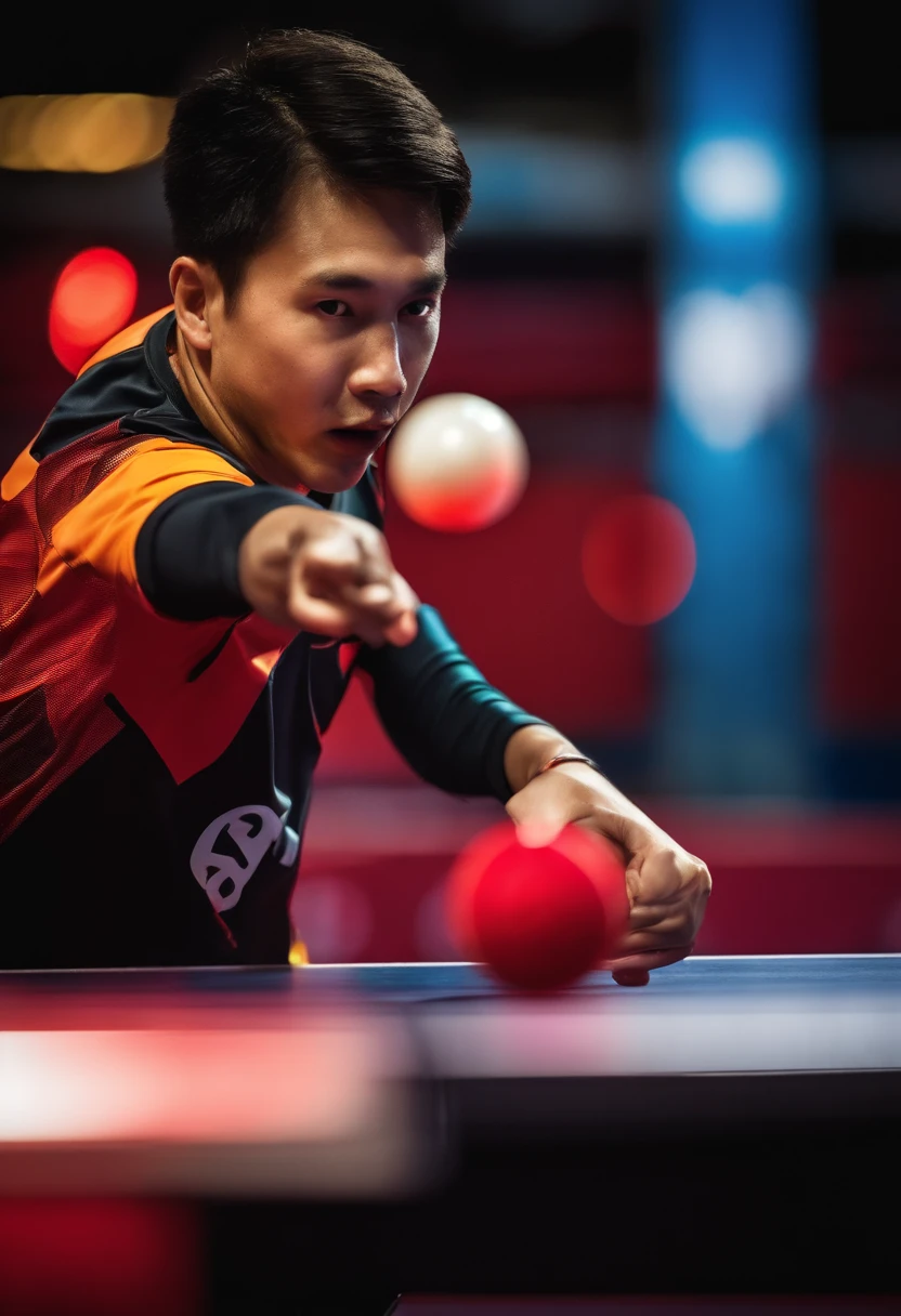 a dynamic image of a table tennis player in action, making an exceptional play with the DHS D40+ Balls. Use vibrant colors to convey energy and movement, while the text highlights "Unlock your potential!