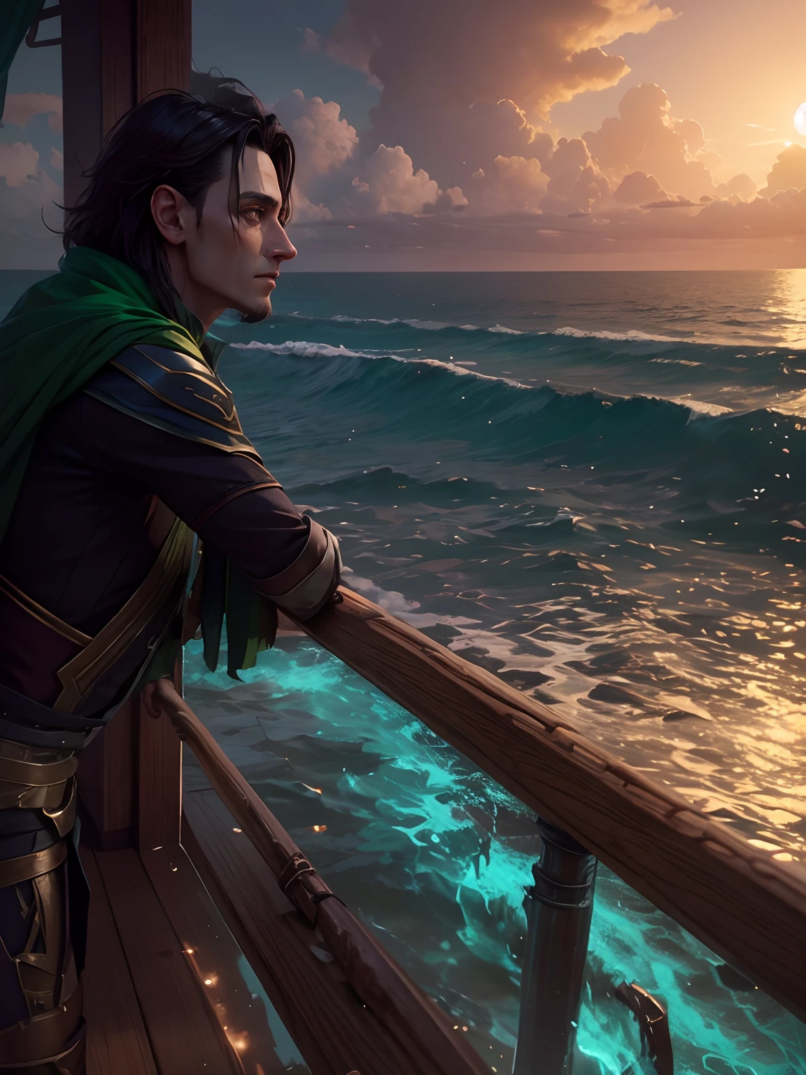 loki, avenger loki, handsome like loki, ship, looking at water, realistic, hd, 4k.