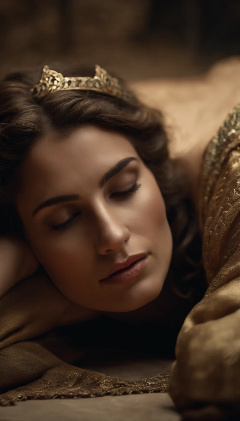 Uma mulher de cabelos castanhos sendo apedrejada. Ancient times, dressed at the time she is with her head down lying on the floor. ranha, Epoch of Alexander the Great