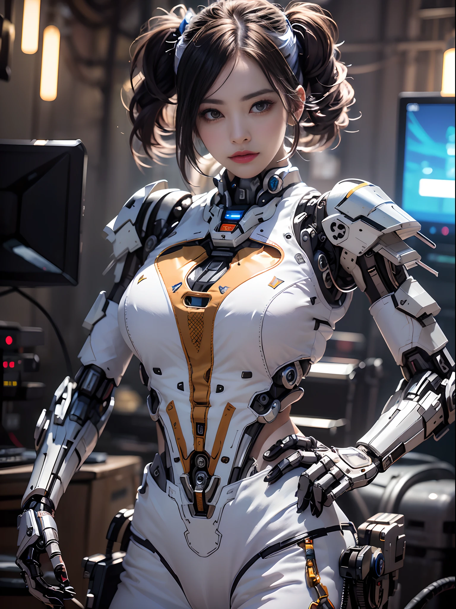Unbeatable masterpiece, Ultra photo realsisim , Perfect Artwork , Intricate details , Best Quality , strong lights , High contrast , Dynamic Pose , Dutch Angle , ((depth of fields)) , masutepiece , (side lights :1.1) , (Subtle beautiful eyes :1.1) , (The left half of the body is a mech:1.5),(Woman fused with machine), The upper part of the body , large full breasts , (Bikini swimwear:1.1),(demon king :1.1)) , Portrait , Realistic(Shiny hair :1.1) , Glossy glossy skin , Best Quality , (Metal structure :1.2) , Wires and cables , Science fiction , An AI , A futuristic , (Mechanical Armor :1.1) , (Tenman:1.13) , (Blue plants: 1.21) , (Ice: 1.211) , (with temperature: 1.24),(Mechanical modification: 1.121) , (Immaculate mecha :1.351) ,(Full chest :1.1) , (Mechanical shielding: 1.215) (Mechanical cuirass: 1.13) (Happy expression: 11) , And bind , (Horn Crystal: 1.1) , (White snake: 121) , White jacket ,Black Gloves , (Mechanical spine: 1.1) , mechanised , (mirai: 1.1) , (1.1) : White coat , Black stockings and high heels .Ring Console , Operation interface , a computer , (cables :1.1) , (complex mechanical structure: 1.15) , mechs ,