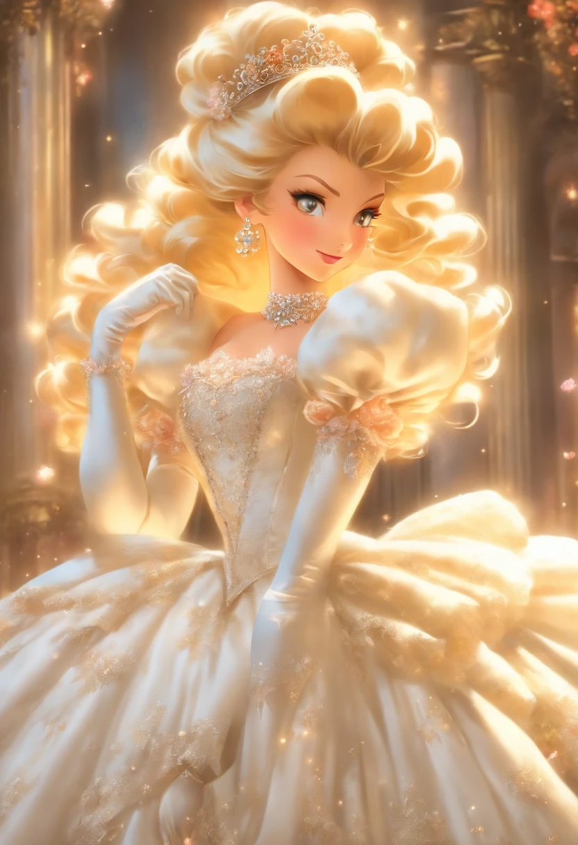 A stunningly beautiful blonde fairytale Princess shining with Royal Pomp and Regal Splendor, wearing a Stately and (((Elaborate))) Royal Cinderella Wedding Dress of Silver and White Brocade, with (((enormous puffed sleeves))) a stiffly boned, padded and corseted bodice, an hourglass waist, a (((huge crinoline hoopskirt))) and (((bustle))), adorned with ribbons, bows, roses, lace, ruffles, frills, embroidery, and jewels, elaborately curled and styled hair, long white gloves, pearl and diamond necklace and earrings