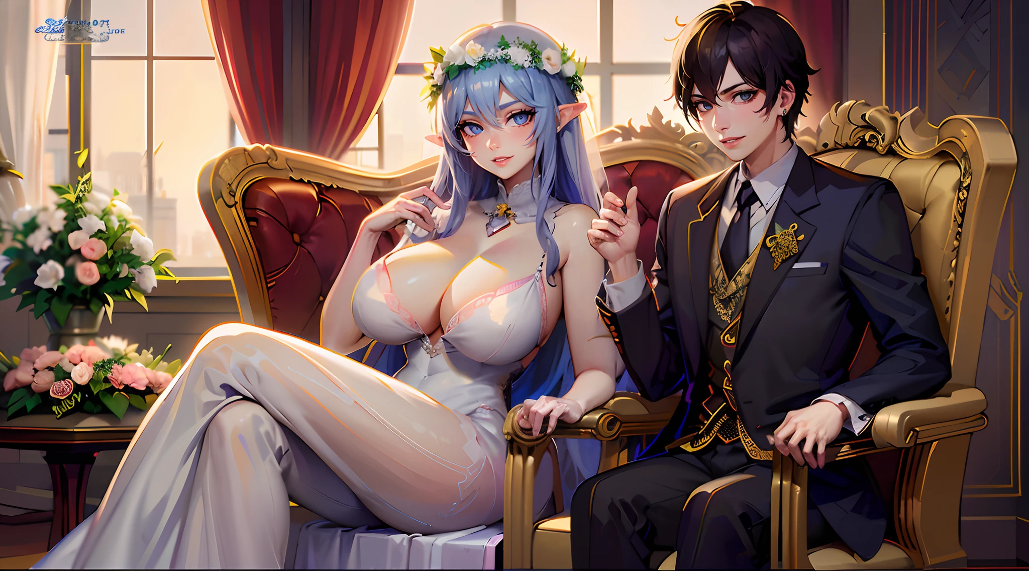 charming (human  royal boy king:1.25) groom, (1girl), elegant MILF elf women bride with (flower wreath on head) and huge boobs, (1boy), perfect face, detailed eyes, anatomical correct hands, five fingers, anatomical correct fingers and hands, perfect hands, sitting on a luxurious chair in a beautifully decorated room with flowing curtains, fantasy castle background, royal elegant pose, highly detailed exquisite fanart, anime key visual of elegant, wlop and sakimichan, detailed fanart, royal portrait, queen and ruler of the universe, high quality fanart, in their noble mansion, an elegant couple