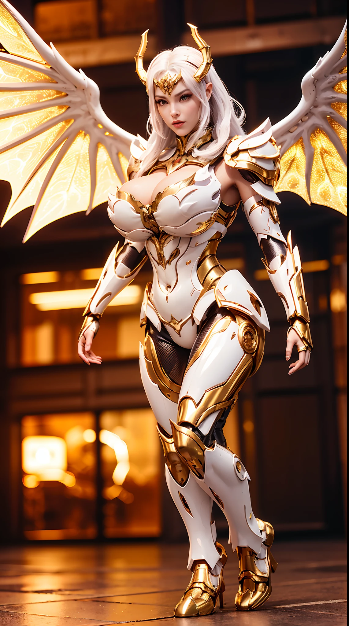(DRAGON HEAD), HUGE FAKE BOOBS, (BEAUTIFUL FACE), (GOLD:1.2, WHITE:0.8, PURPLE:0.9 MECHA ARMORED GEAR), (((A PAIR OF HUGE MECHANICAL WINGS SPREAD OUT))), FUTURISTIC DRAGON MECHA SUIT, (CLEAVAGE), (SKINTIGHT YOGA PANTS), (HIGH HEELS), (PERFECT BODY:1.2), (FULL BODY VIEW), FRONT, (STANDING:1), SEXY MUSCULAR BODY, MUSCLE ABS, UHD, 8K, 1080P.