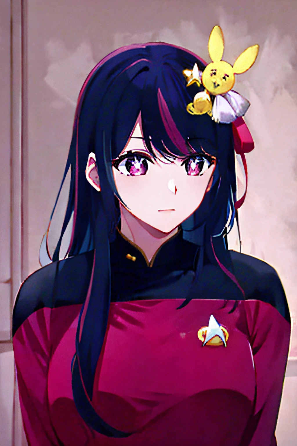 Hoshino Ai, long hair, purple hair, streaked hair ,purple eyes, star-shaped pupils, hair ornament, wearing s3sttngsuit uniform