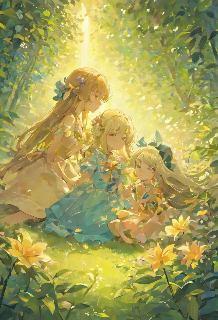 Anime Art Realism Impressionist Classical Style Renaissance Tempera Two Long-Haired Daughters Lying Down in Miniskirt Dresses and Talking To Each Other With Magic Stardust Around、Petals fluttering Ultra high resolution Fingertips do not contradict Spotlight Prism light In the flower garden Bright morning forest