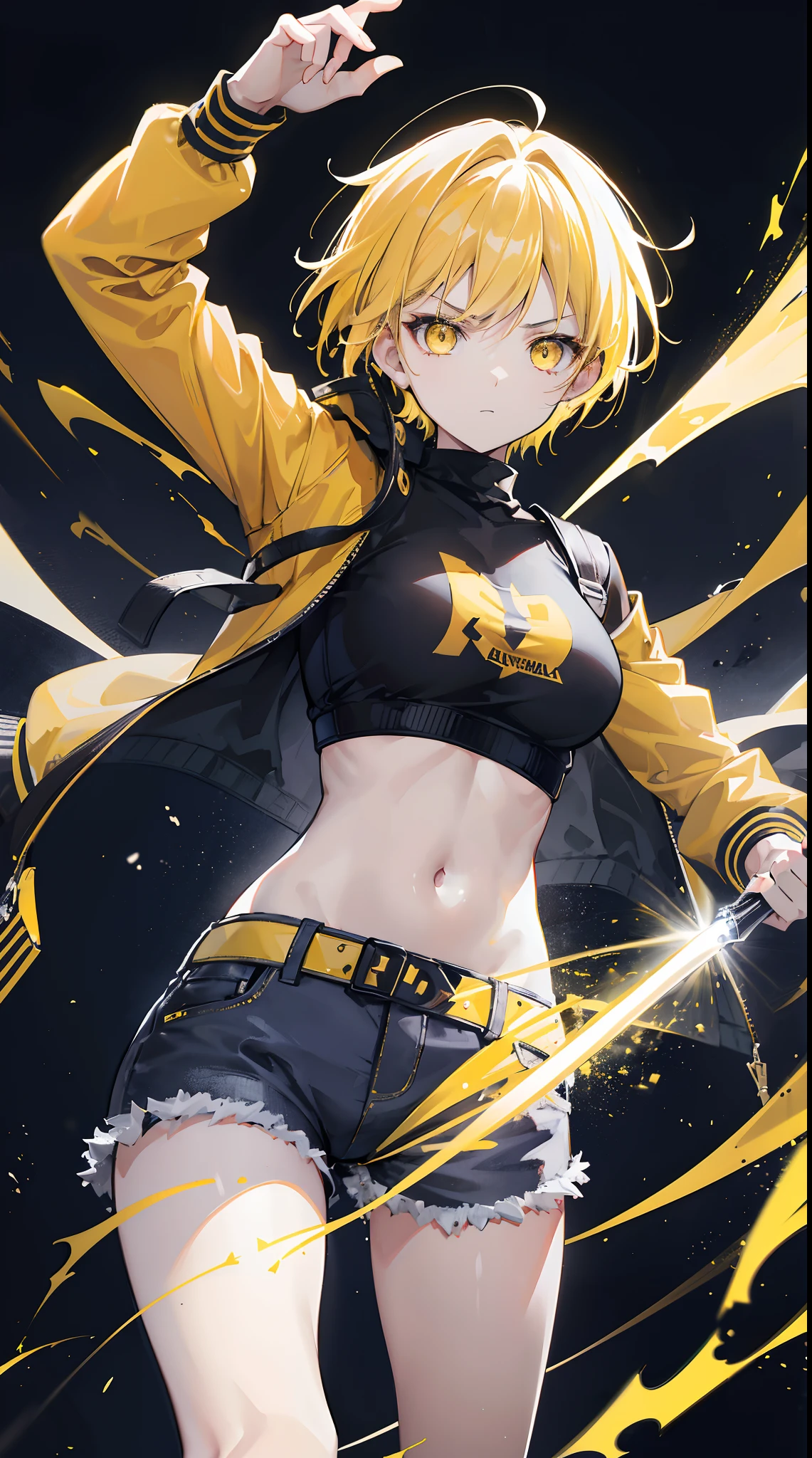Woman, fight pose, Baddas stare,Hold a yellow sword with a yellow lightning emblem, yellow short wispy Pixie hair, yellow eyes, yellow short shirt, black hotpants jeans, black Jacket sweater ,In the middle of the shirt there is an omega symbol,HD lighting and dark )<=(epic image quality)dark atmosphere with bright particle light(many effects in background)