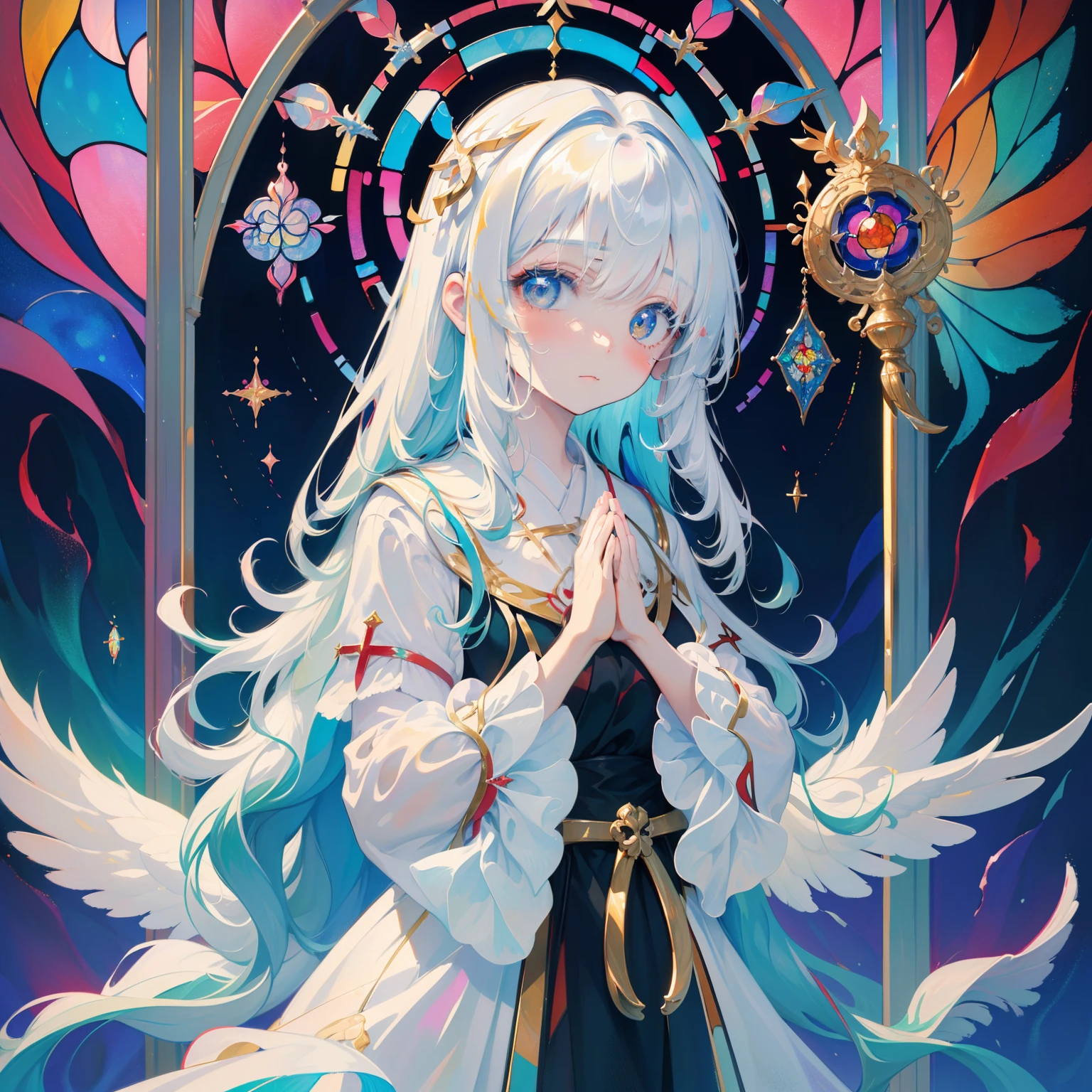 Put your hands together in front of the stained glass、Praying Girl、white longhair、Dull hair、Lower your eyes、White holy cloth、Light shines through stained glass.sideways Facing