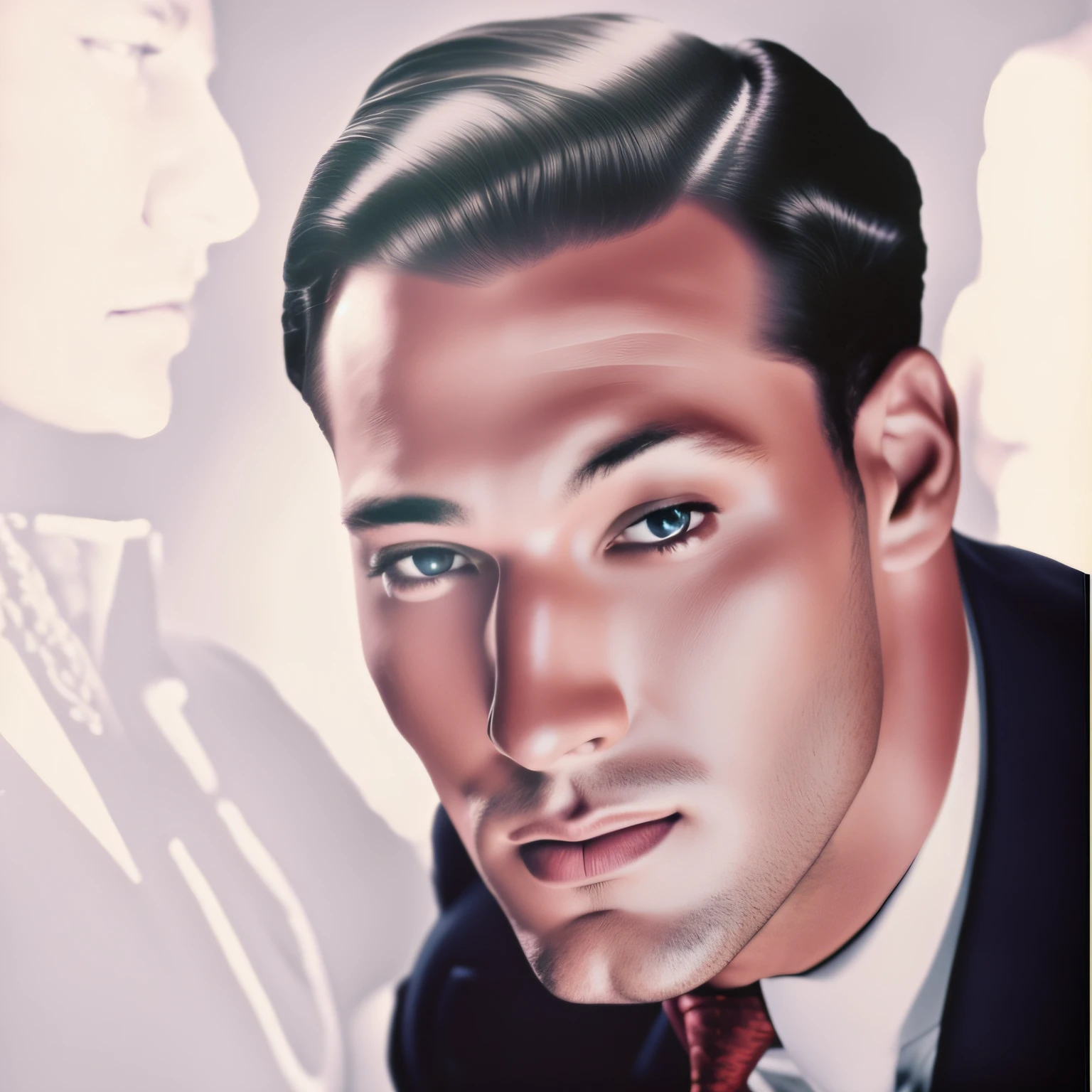 there is a man in a suit and tie posing for a picture, 1 9 2 0 s ator de cinema, uma foto colorida, inspirado em Neville GodardEdward Corbett, colorido, colorido, fundo desfocado, 1 9 3 0 s corte de cabelo, foto colorida, colorized photon, inspirado em Godfrey Blow, fotografia colorida, beautiful man, homem bonito, inspirado em Arnold Blanch