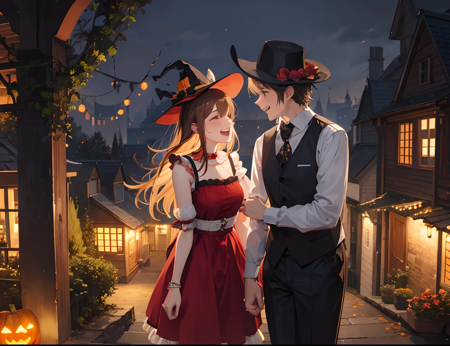 A couple during halloween, laugh, romantic atmosphere, happy atmosphere, landscape
