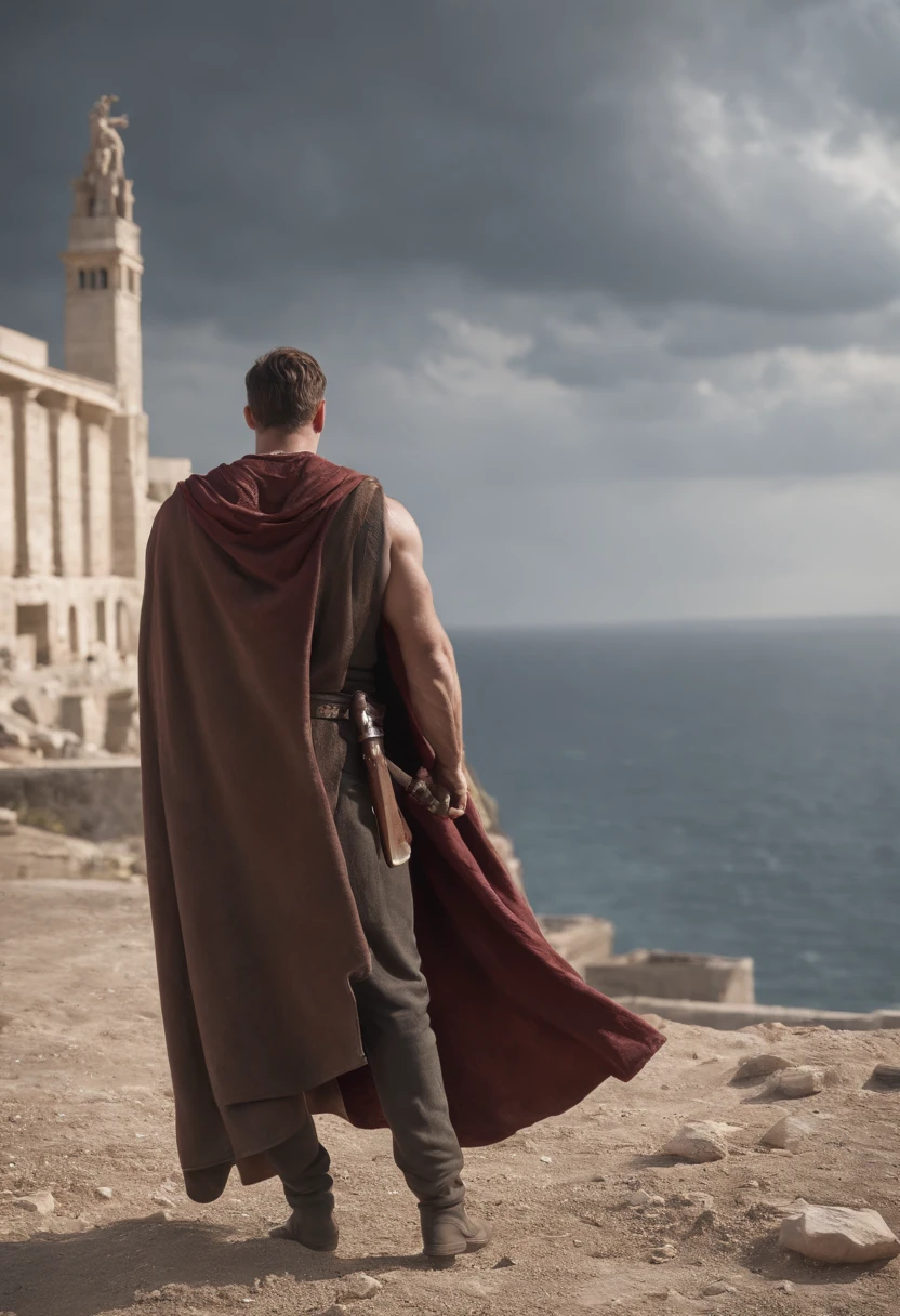 A realistic illustration of a tall, muscular man wearing a cape and holding a sword in his hand, stands with his back to the camera in the foreground, facing a long advance "la canebiere" Located in Marseille, In a world ravaged by a tsunami, It can be seen in the distance that part of the avenue and its buildings have been covered by the waters of the sea, Building aged by corosion and time, univers sombre et dystopique, cutscene, HD, very high resolution