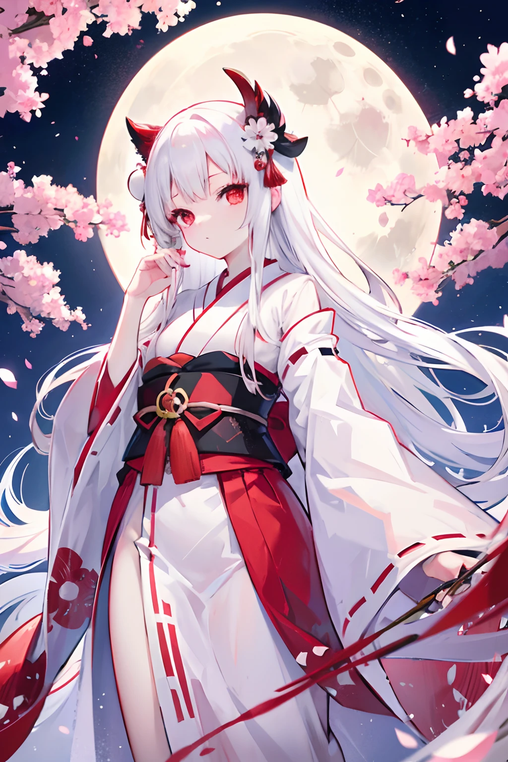 Anime, Cute, Japanese, Kaguya, Long White Hair, Ruby Red Eyes, petite, long kimono, full moon