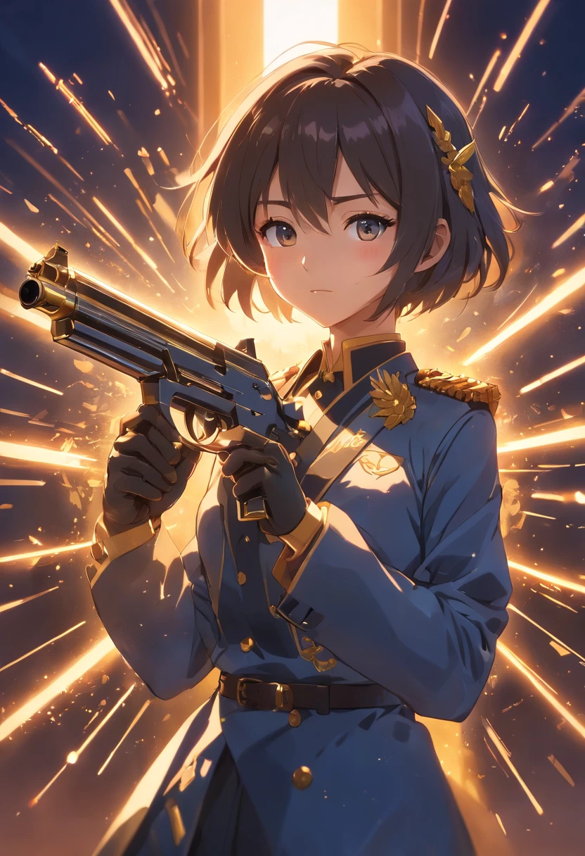 several firearms lined up forming a crown,illustration,shiny metallic surface,detailed engravings,ornate gun barrels and handles,long and decorated gun barrels,polished wood grips,(best quality,4k,8k,highres,masterpiece:1.2),ultra-detailed,(realistic,photorealistic,photo-realistic:1.37),dark background,black and gold color scheme,studio lighting,sharp focus,highlighted details,rich shadows,impressive royal aesthetic,precision engineering,artistic display of power,striking visual impact,imposing presence,beautifully crafted weaponry,regal atmosphere